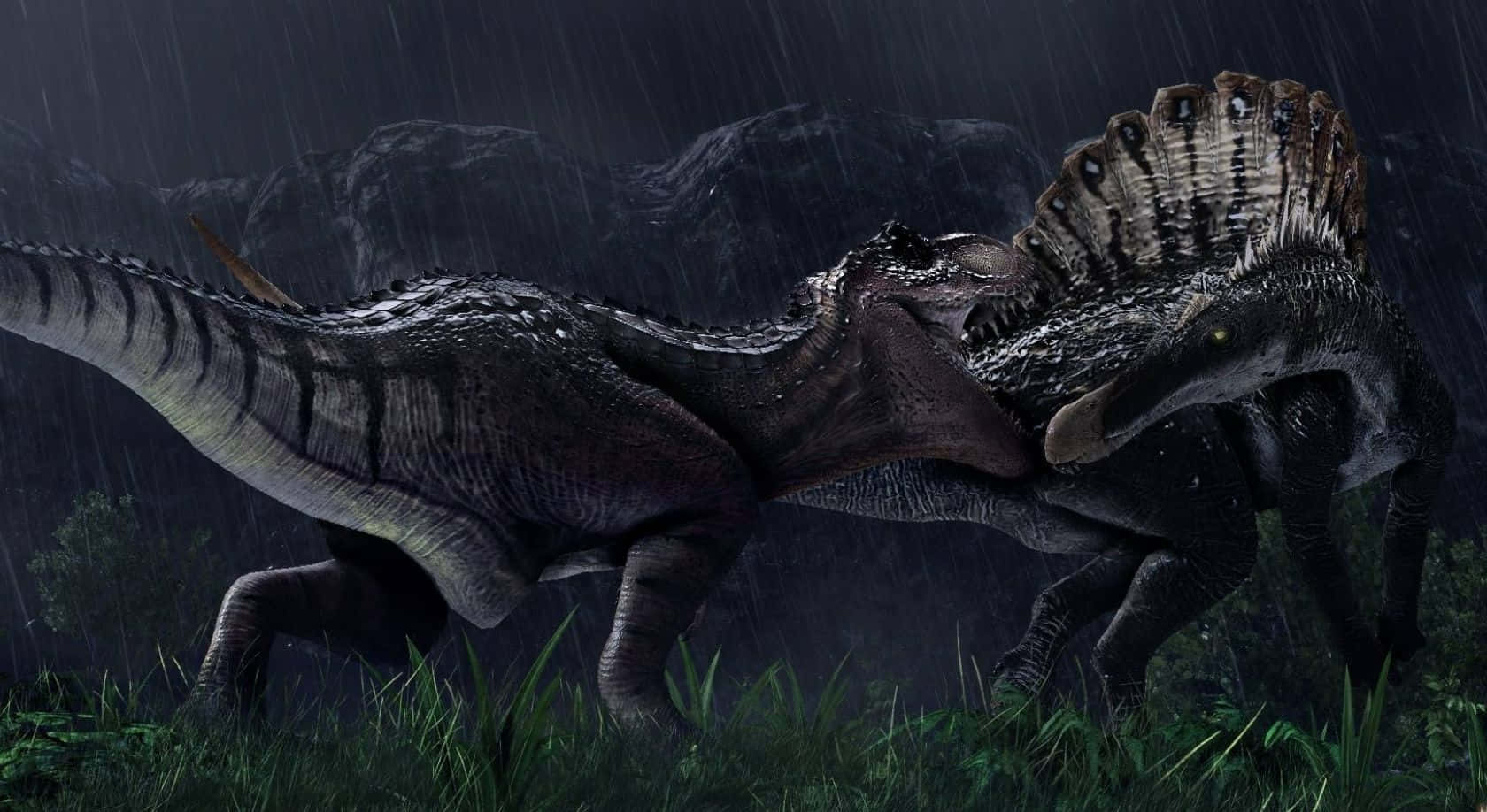 Spinosaurus, rain-soaked jungle, dark stormy sky, HD Desktop Wallpaper