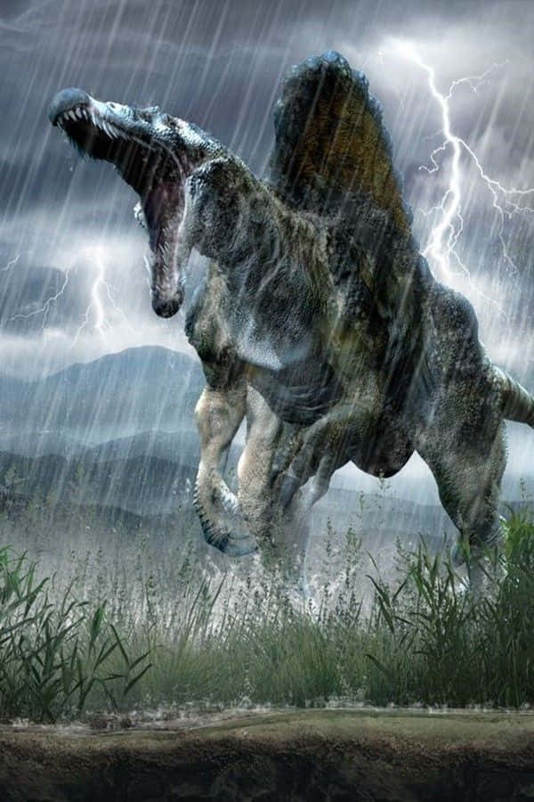 Spinosaurus, thunderstorm, lightning, SD Phone Wallpaper