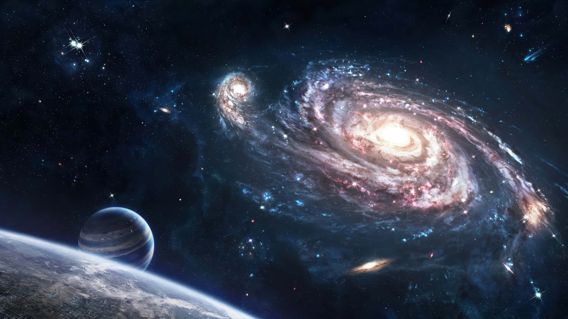 spiral galaxy, pink and blue hues, starfield, Full HD Desktop Wallpaper