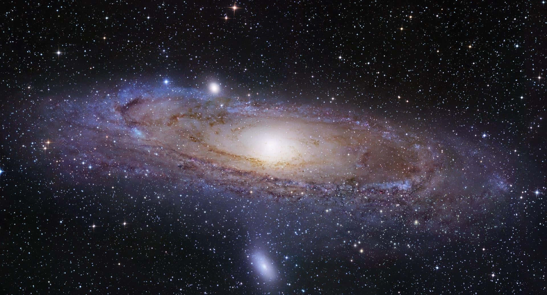 Spiral Galaxy, golden core, blue nebulae, Full HD Desktop Wallpaper