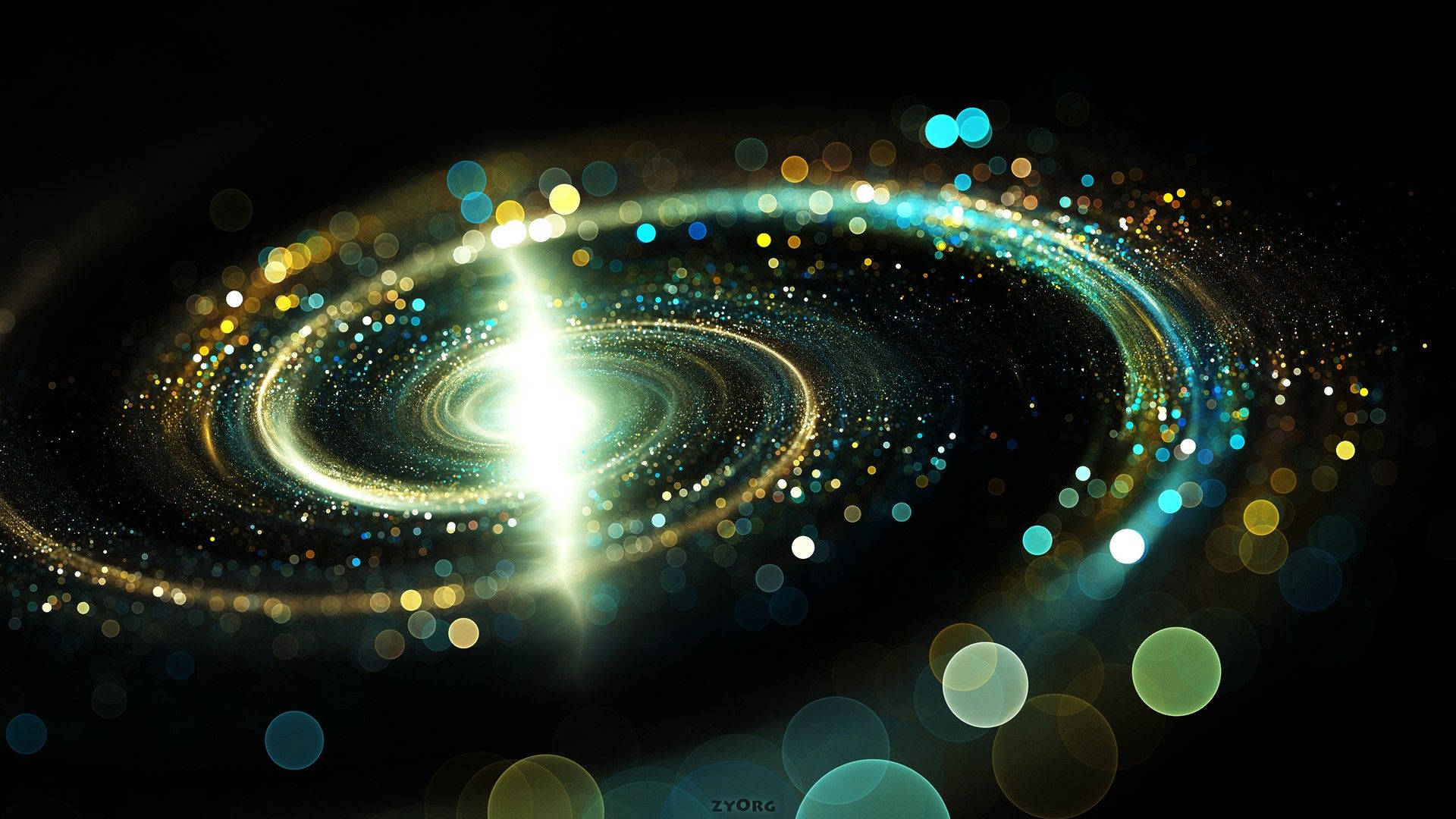Spiral Galaxy, golden, teal, Full HD Desktop Wallpaper