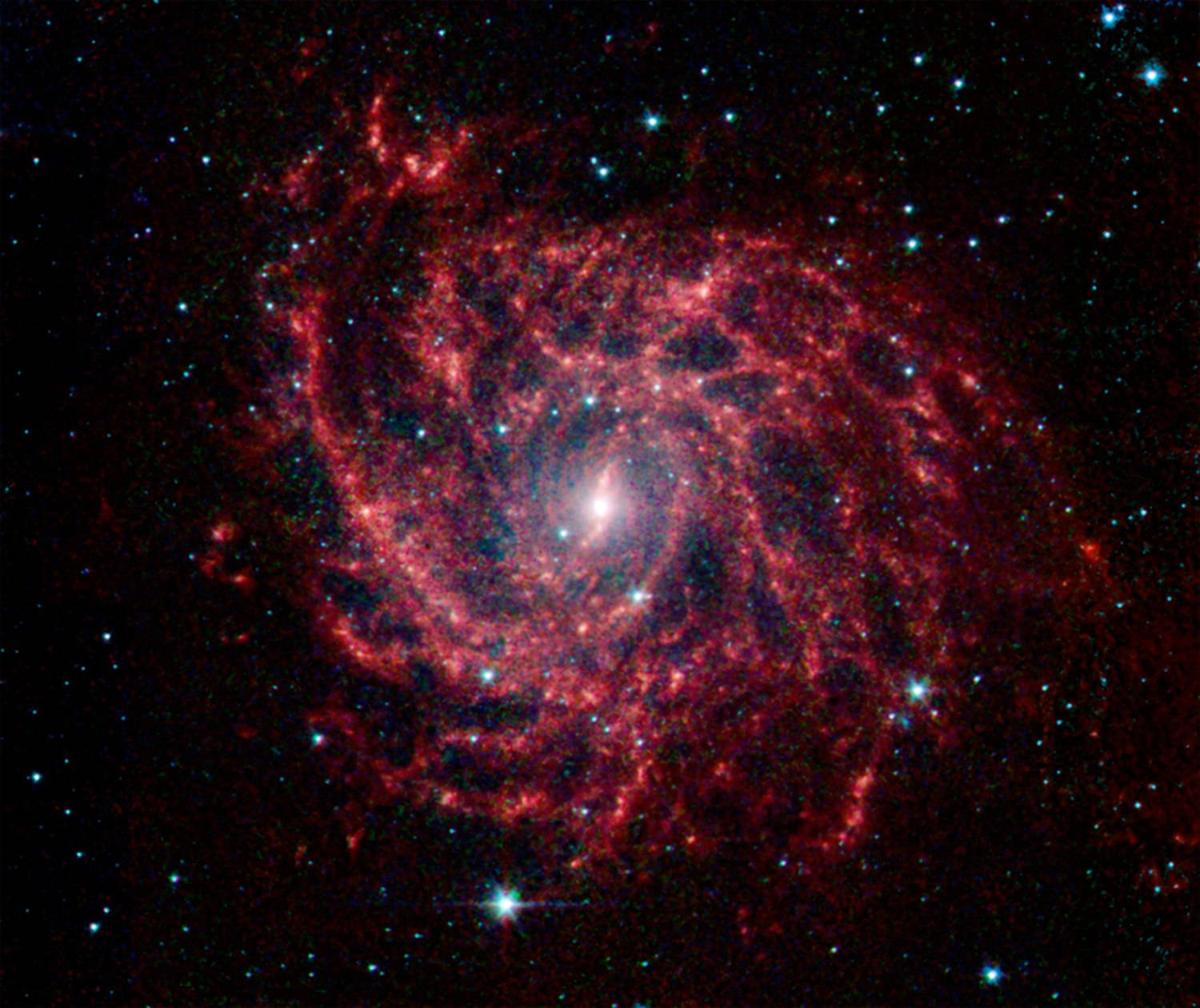 red spiral galaxy, glowing red nebulae, bright blue stars, HD Desktop Wallpaper