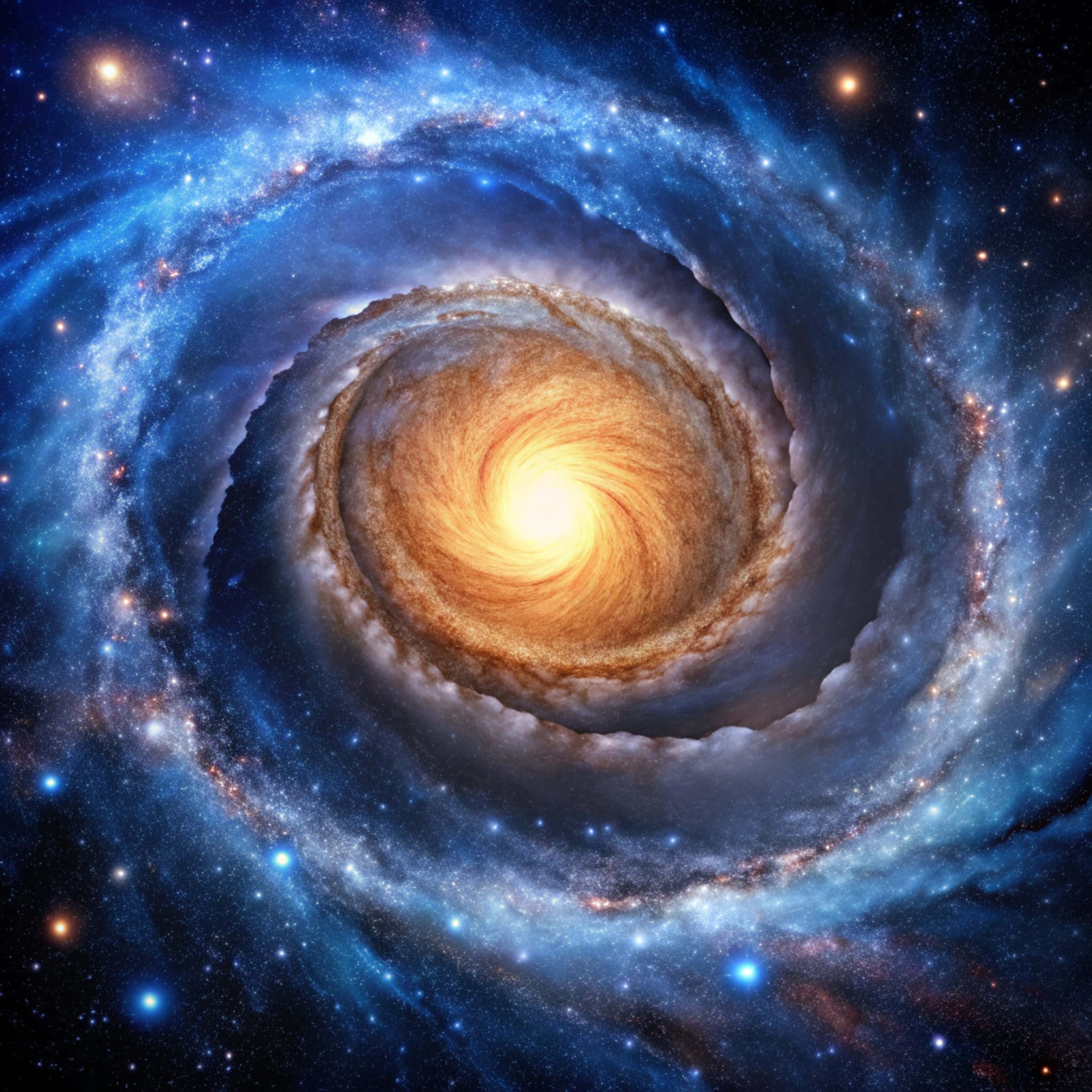 Spiral galaxy, golden core, blue nebula arms, 4K Desktop Wallpaper