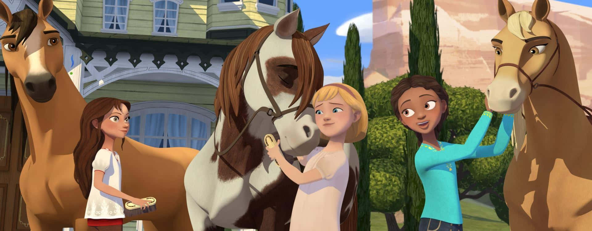 Spirit Riding Free, three girls, horses, Full HD Desktop Wallpaper