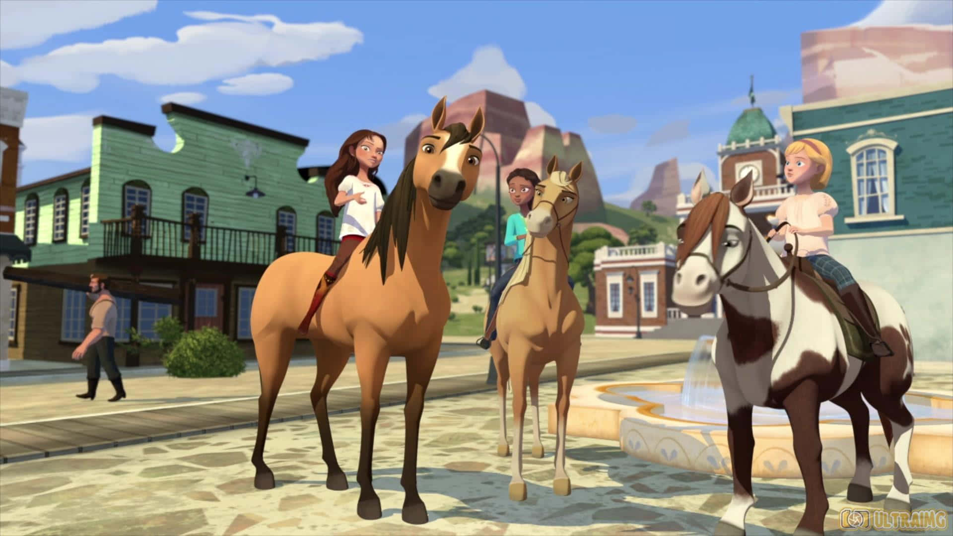 Spirit Riding Free, horses, sunny western town, Full HD Desktop Wallpaper