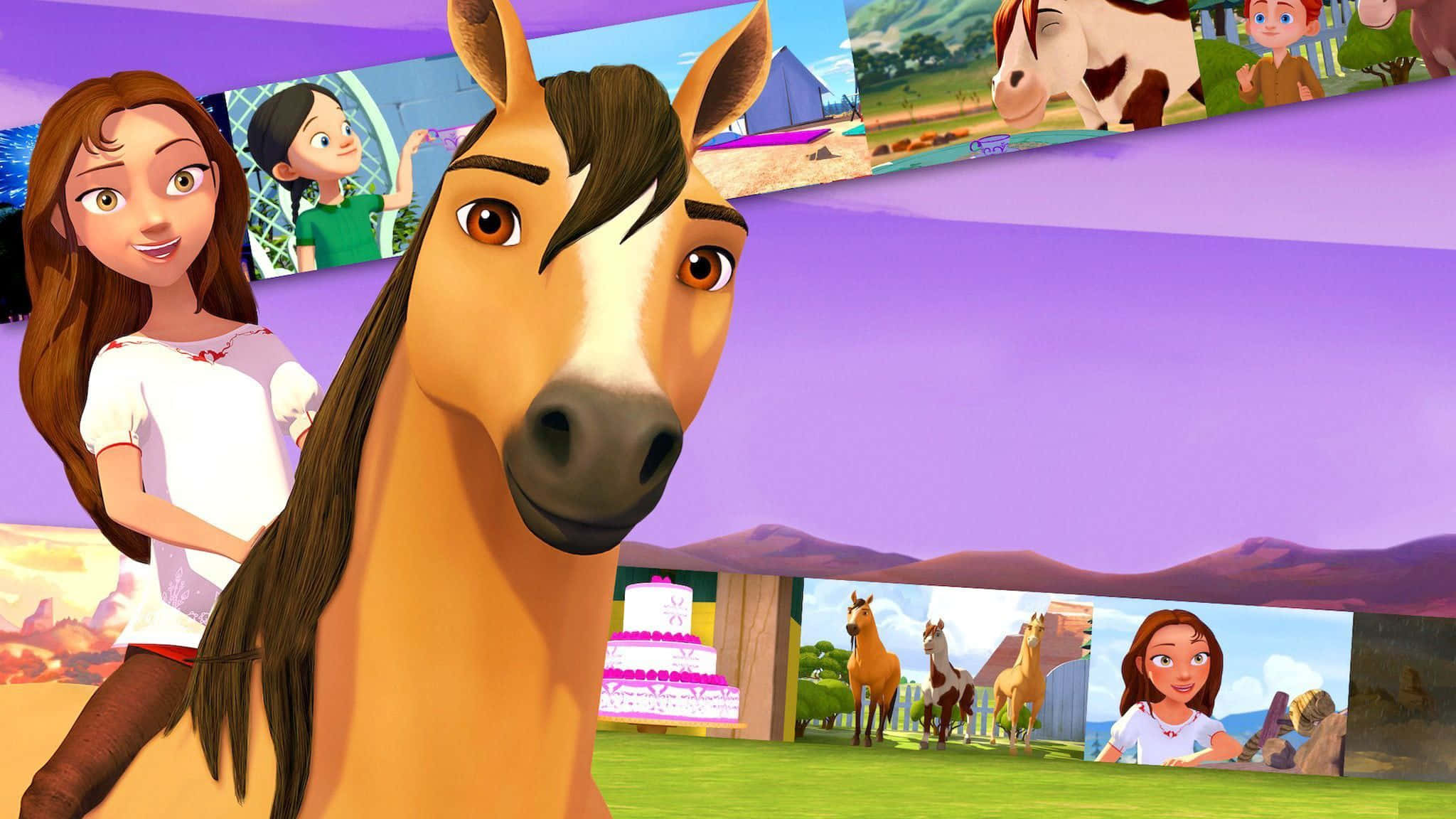 Spirit Riding Free, animated girl, large brown horse, Full HD Desktop Wallpaper