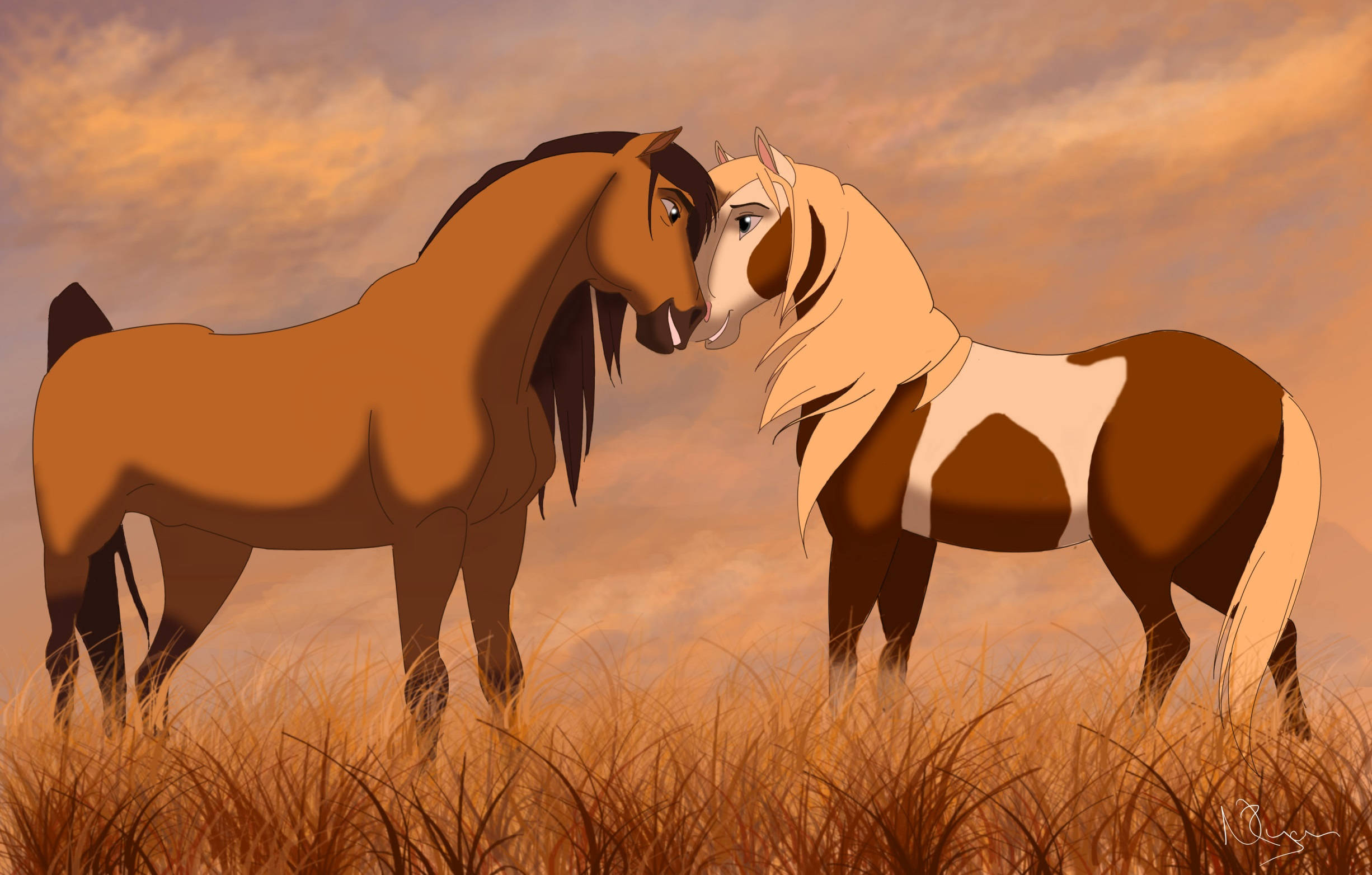 Spirit Stallion Of The Cimarron, tender moment between horses, golden grassy field, Full HD Desktop Wallpaper