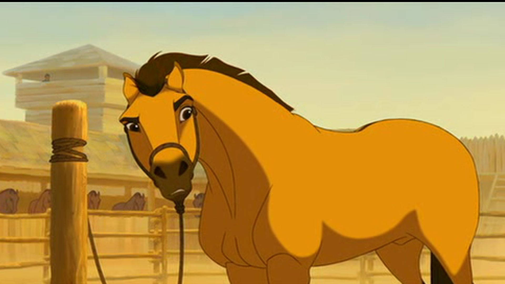 Spirit Stallion Of The Cimarron, golden animated horse, sunlit wooden corral, Full HD Desktop Wallpaper