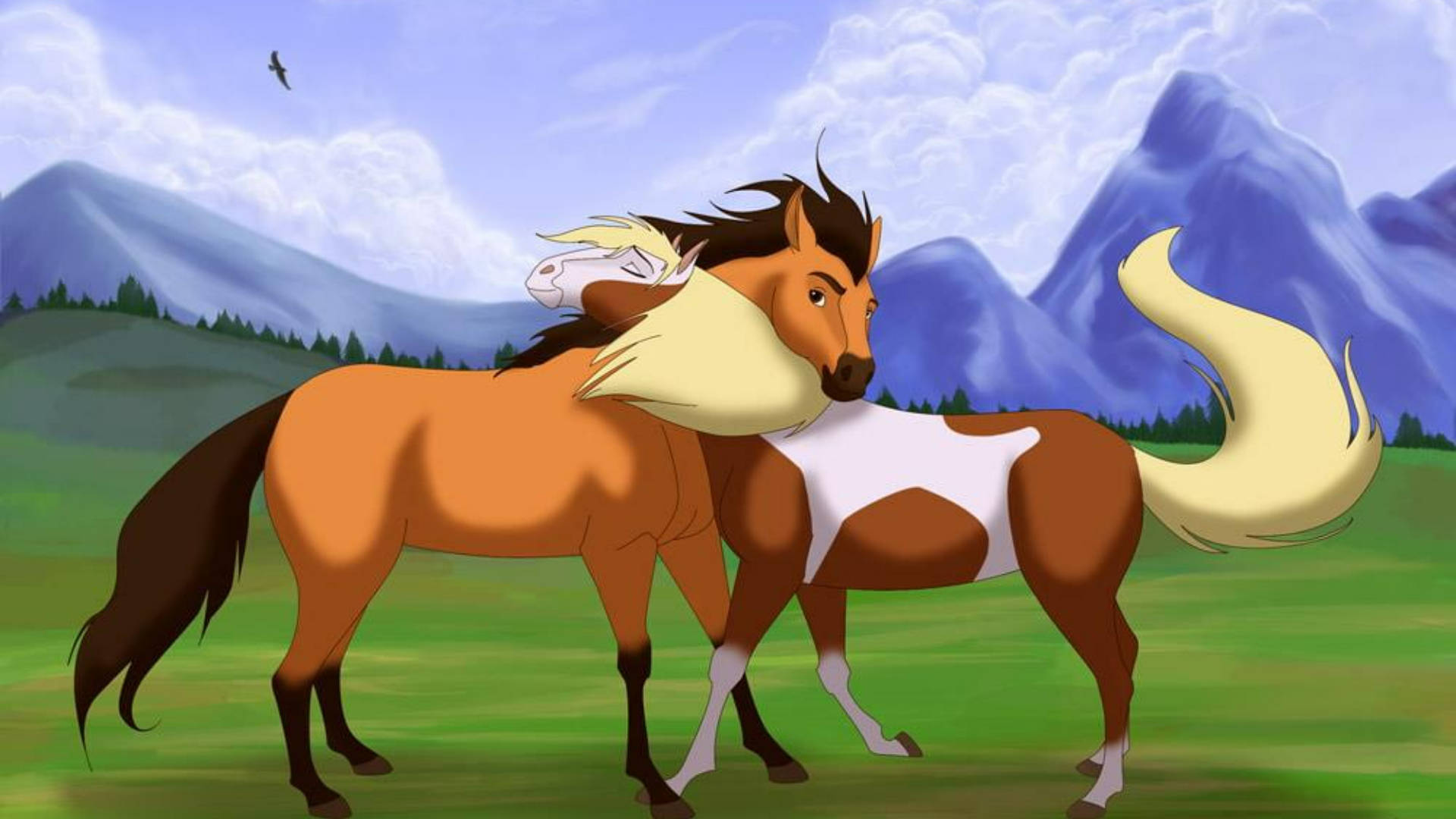 Spirit Stallion Of The Cimarron, animated horses, vibrant green meadow, Full HD Desktop Wallpaper