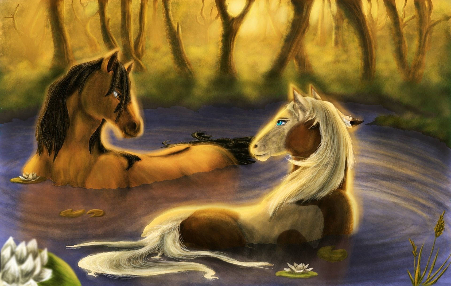 Spirit Stallion Of The Cimarron, glowing eyes, serene forest stream, Full HD Desktop Wallpaper