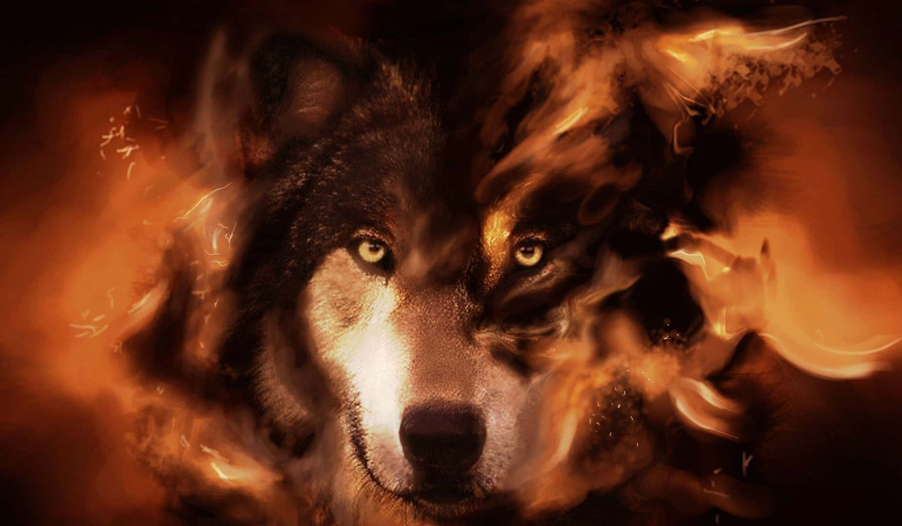 mystical wolf, glowing amber eyes, swirling flames, HD Desktop Wallpaper