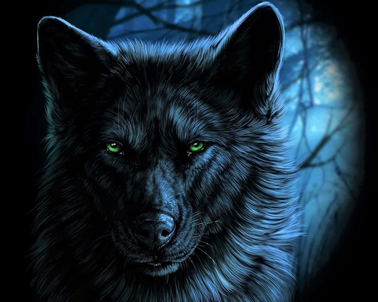 water and fire wolf, black wolf, glowing green eyes, SD Desktop Wallpaper