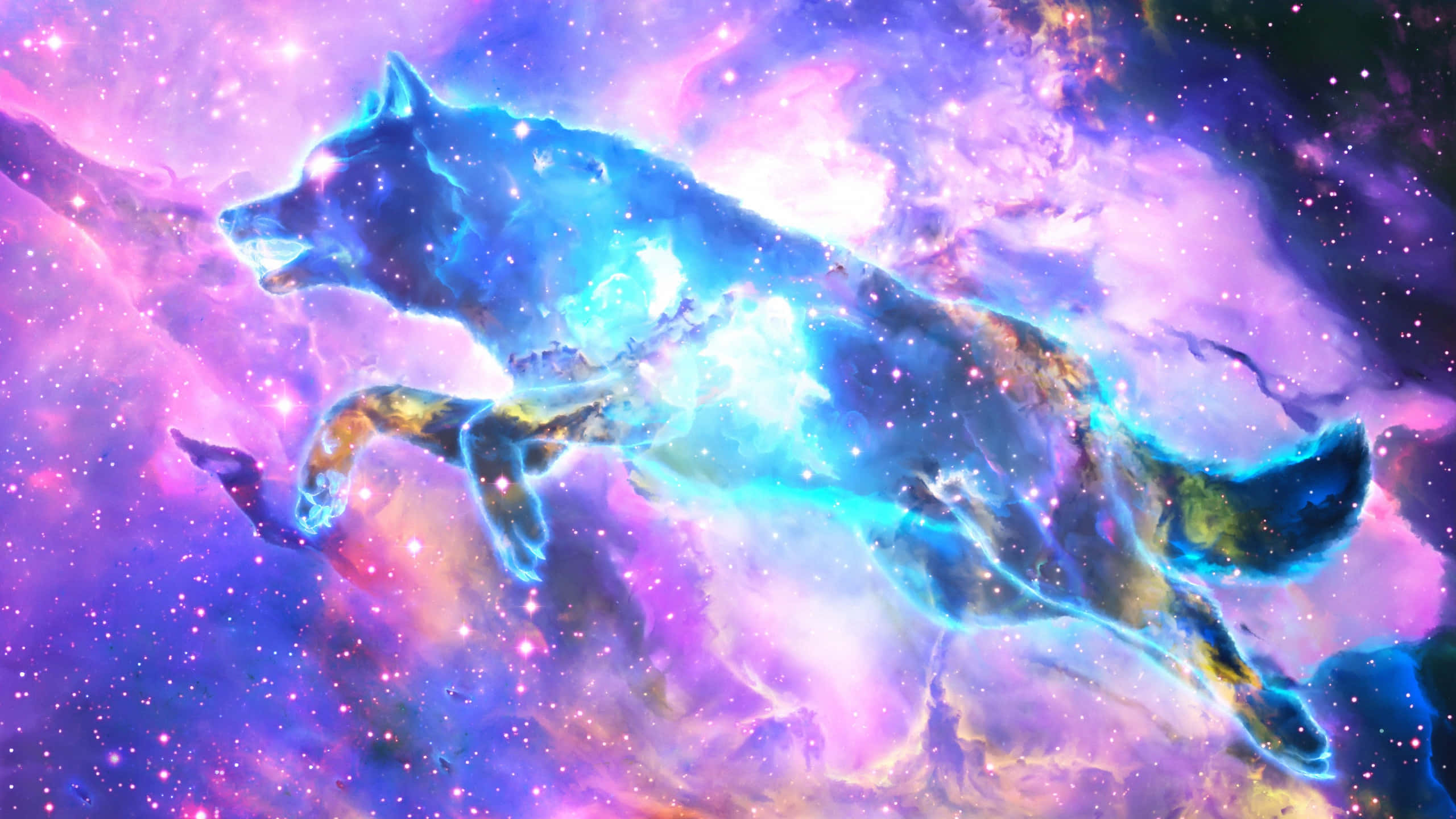 Cosmic Spirit Wolf, luminous blue wolf, swirling nebula, 2K Desktop Wallpaper