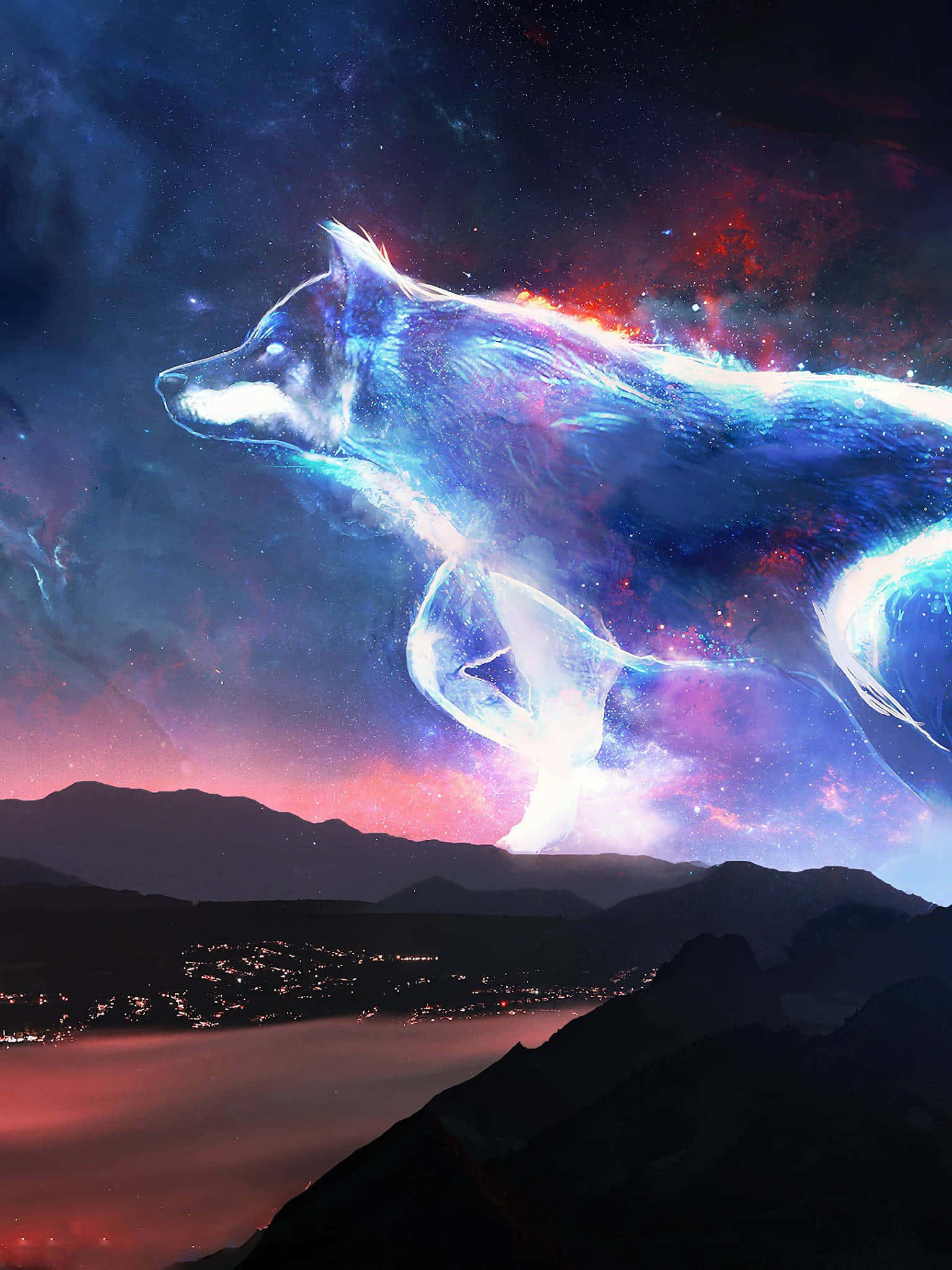 Cosmic Spirit Wolf, blue and red nebulae, silhouetted mountains, Full HD Phone Wallpaper