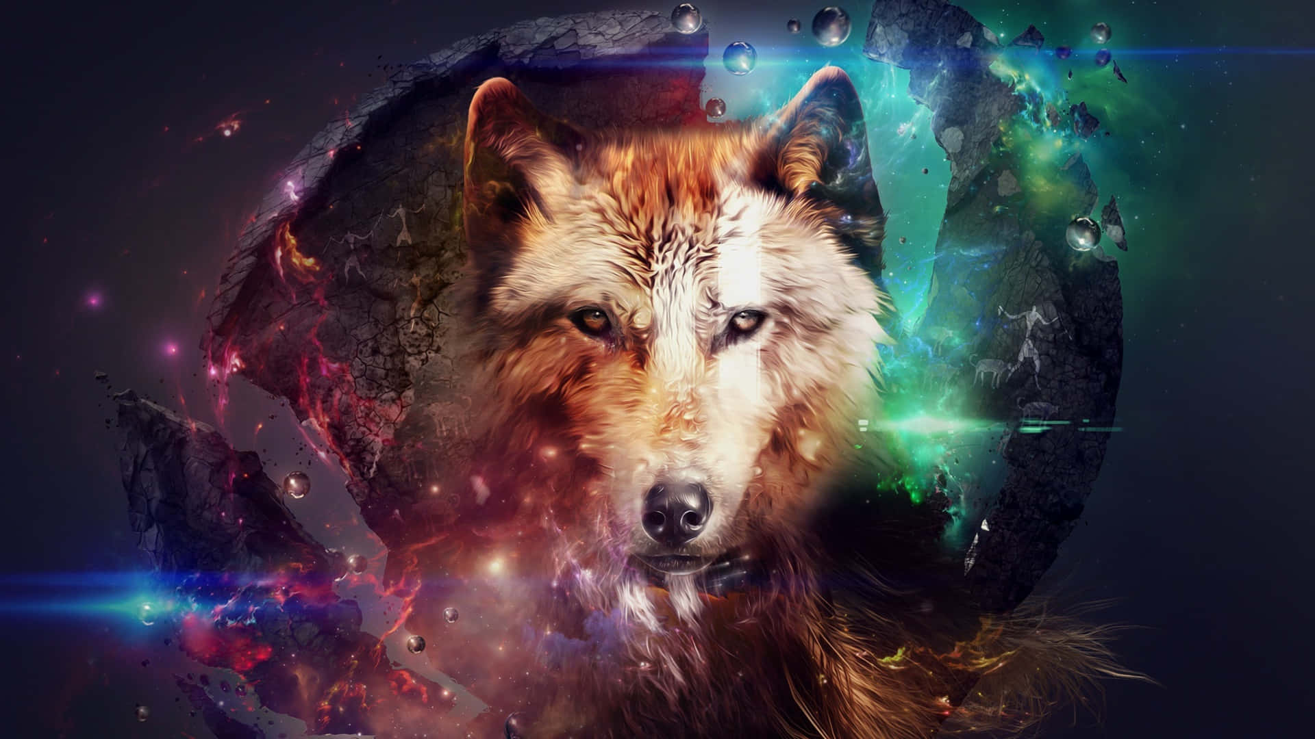 cosmic wolf spirit, shattered cosmic sphere, vibrant nebulae, Full HD Desktop Wallpaper