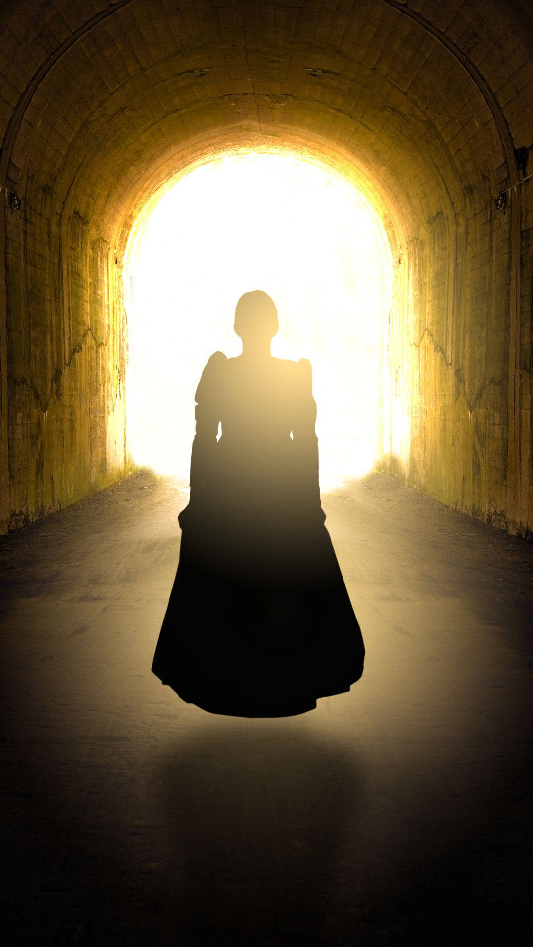 floating ghost spirit, stone tunnel, radiant golden light, Full HD Phone Wallpaper
