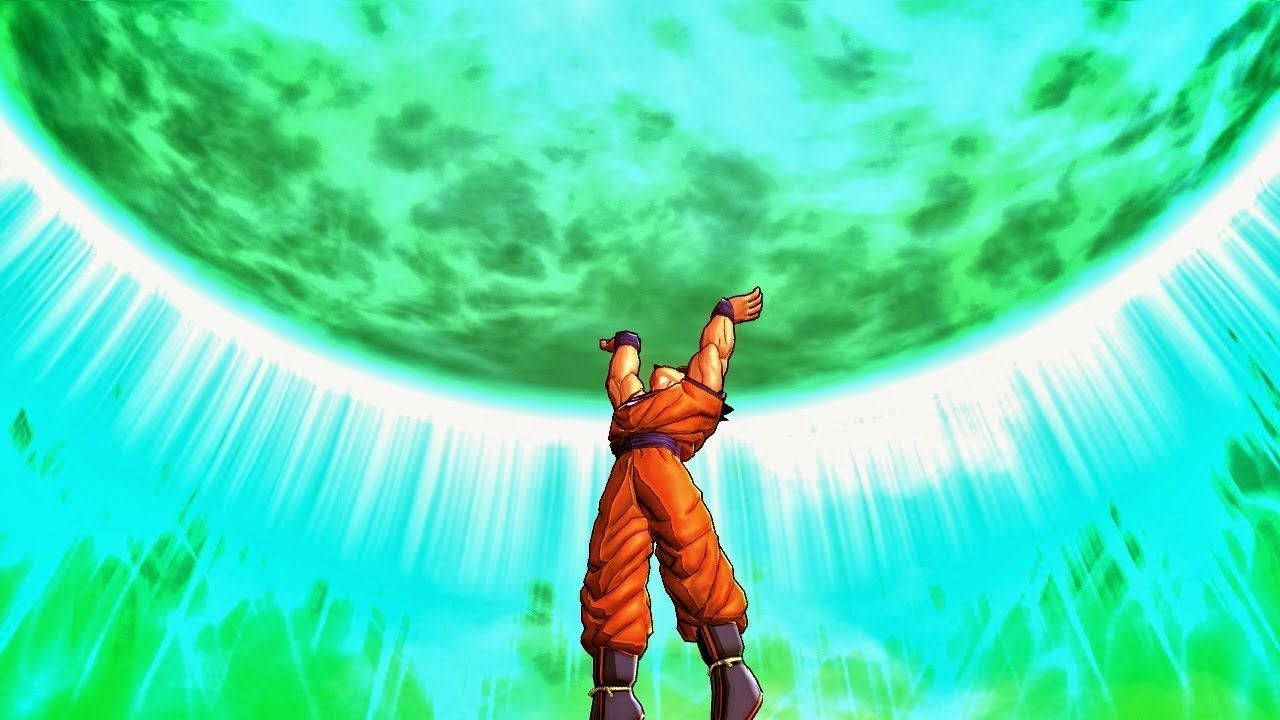 neon glowing green spirit bomb, orange gi, massive green energy sphere, HD Desktop Wallpaper
