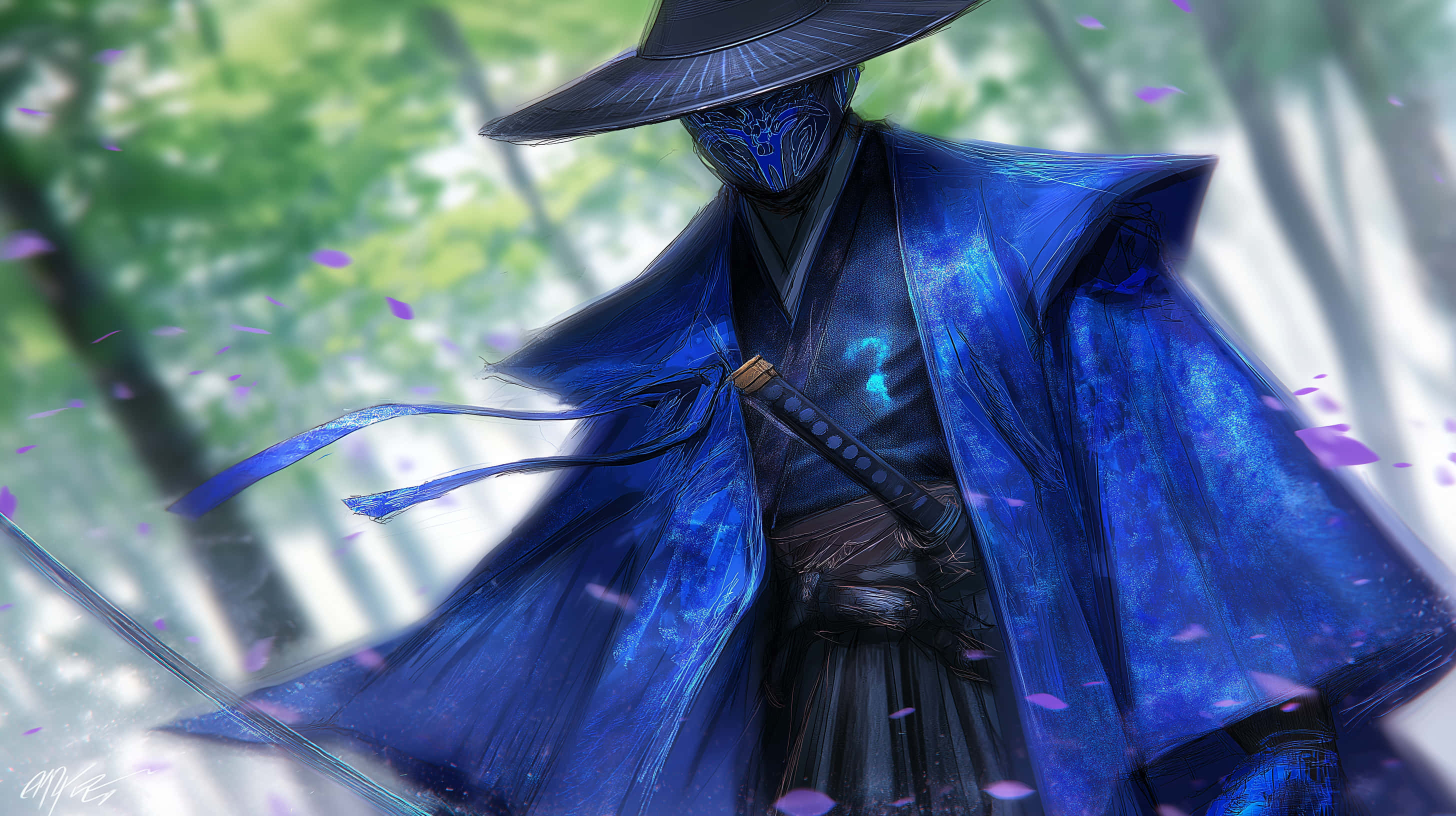 ghostly samurai warrior, traditional attire, katana, 2K Desktop Wallpaper