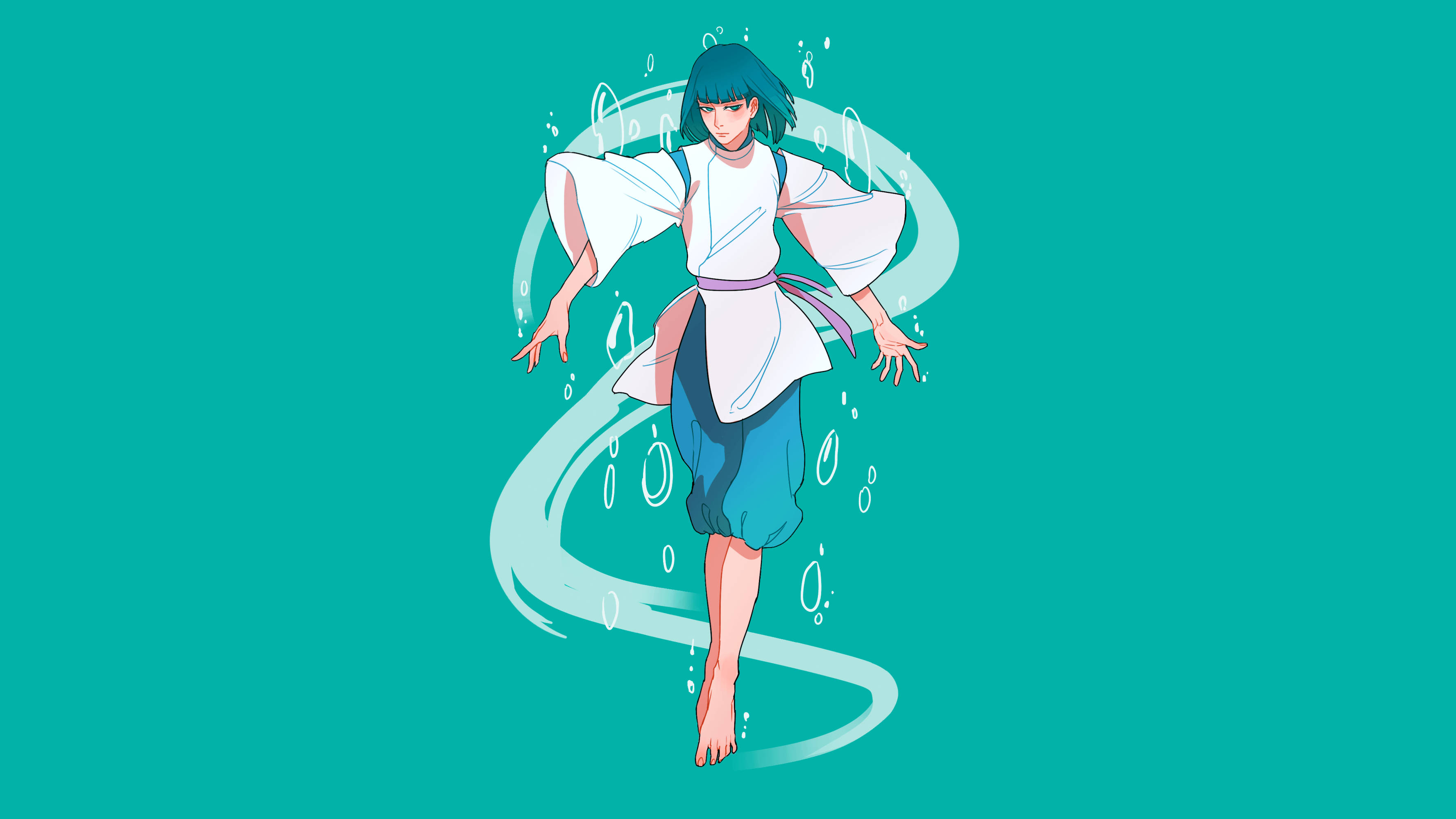 Spirited Away, white dragon Haku, teal hair, 2K Desktop Wallpaper