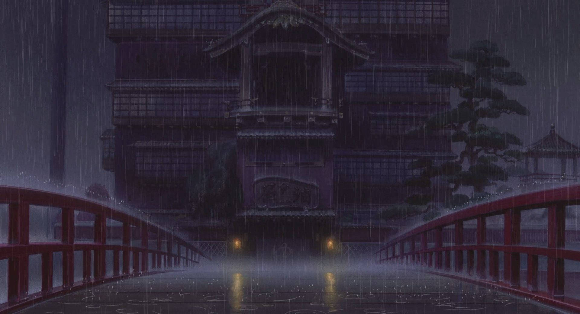 Spirited Away, red bridge, traditional Japanese building, Full HD Desktop Wallpaper