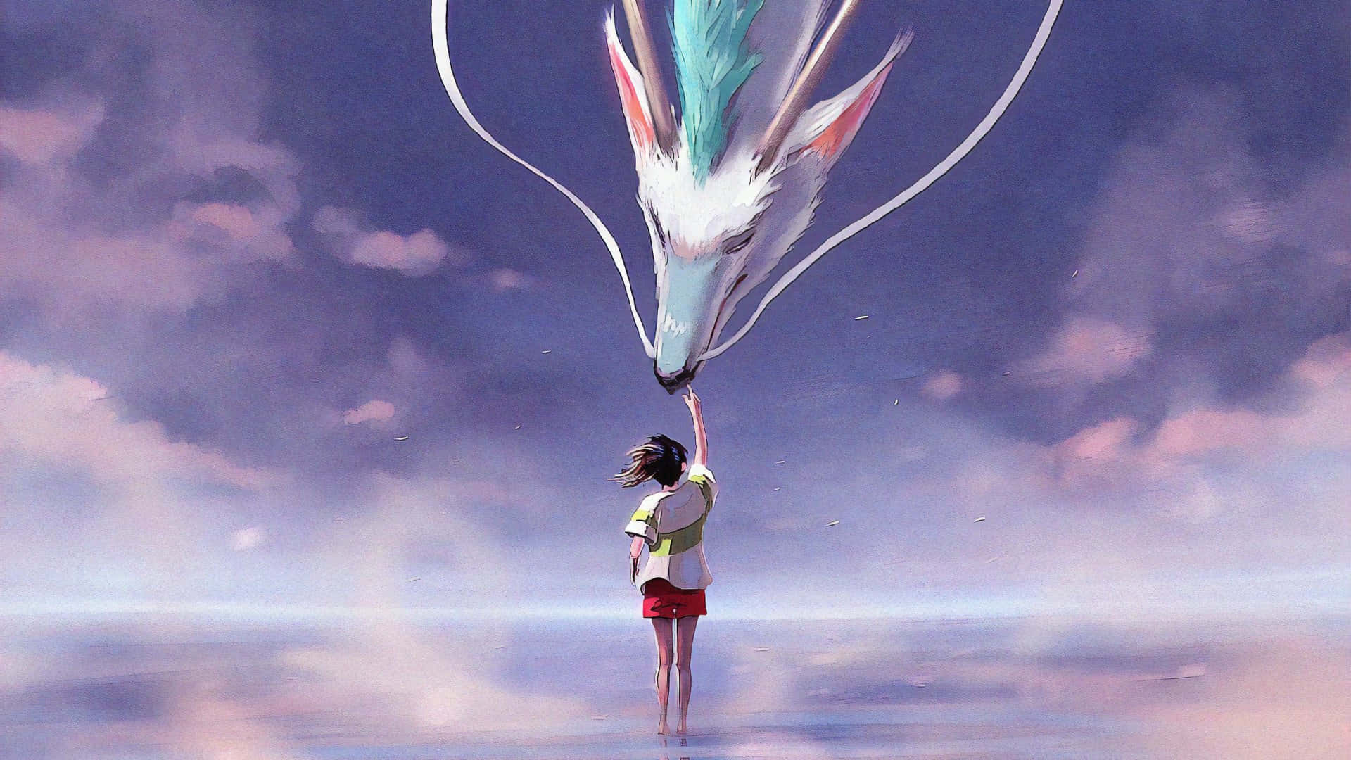 Spirited Away, purple cloudy sky, white dragon, Full HD Desktop Wallpaper