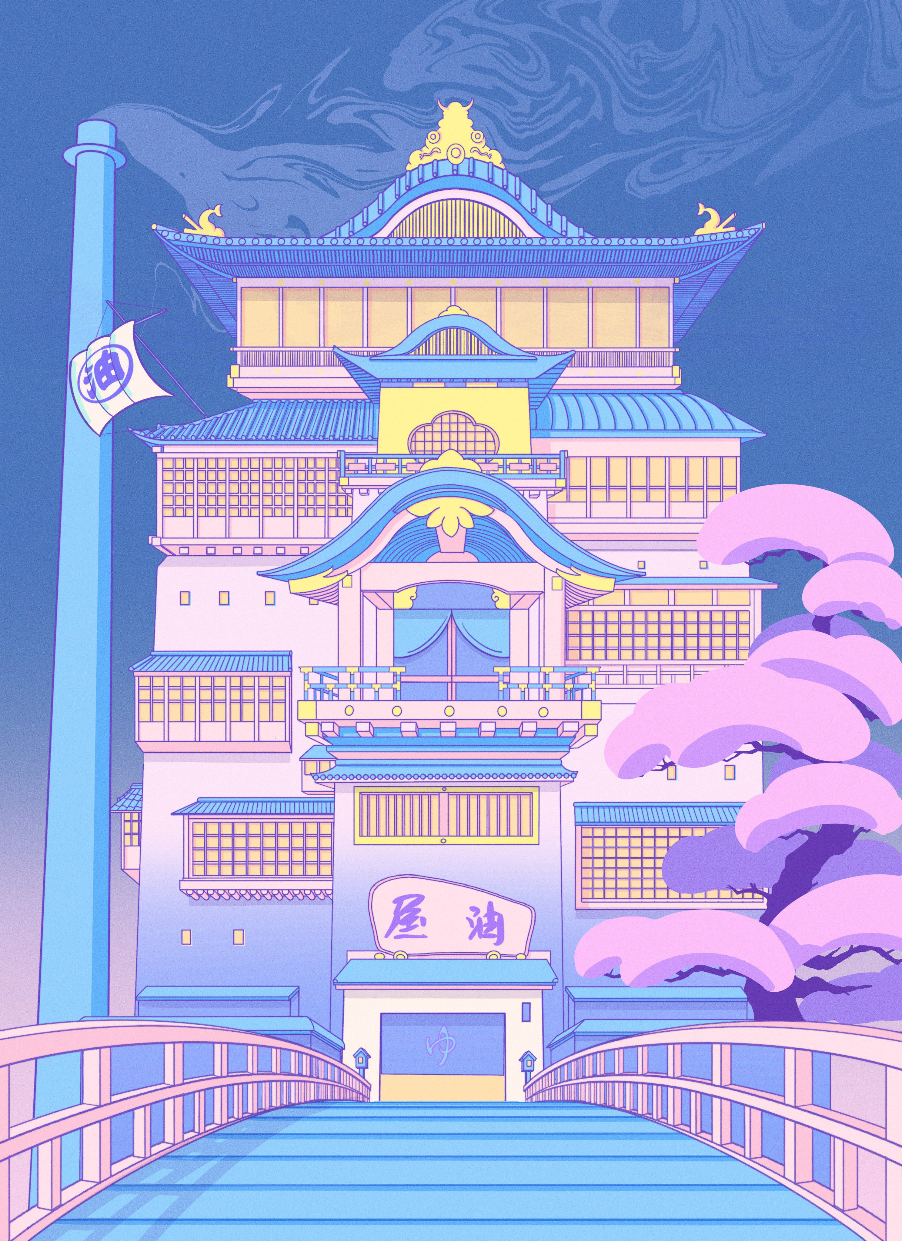 pastel Japanese aesthetic, grand bathhouse, blue roofs, 4K Phone Wallpaper