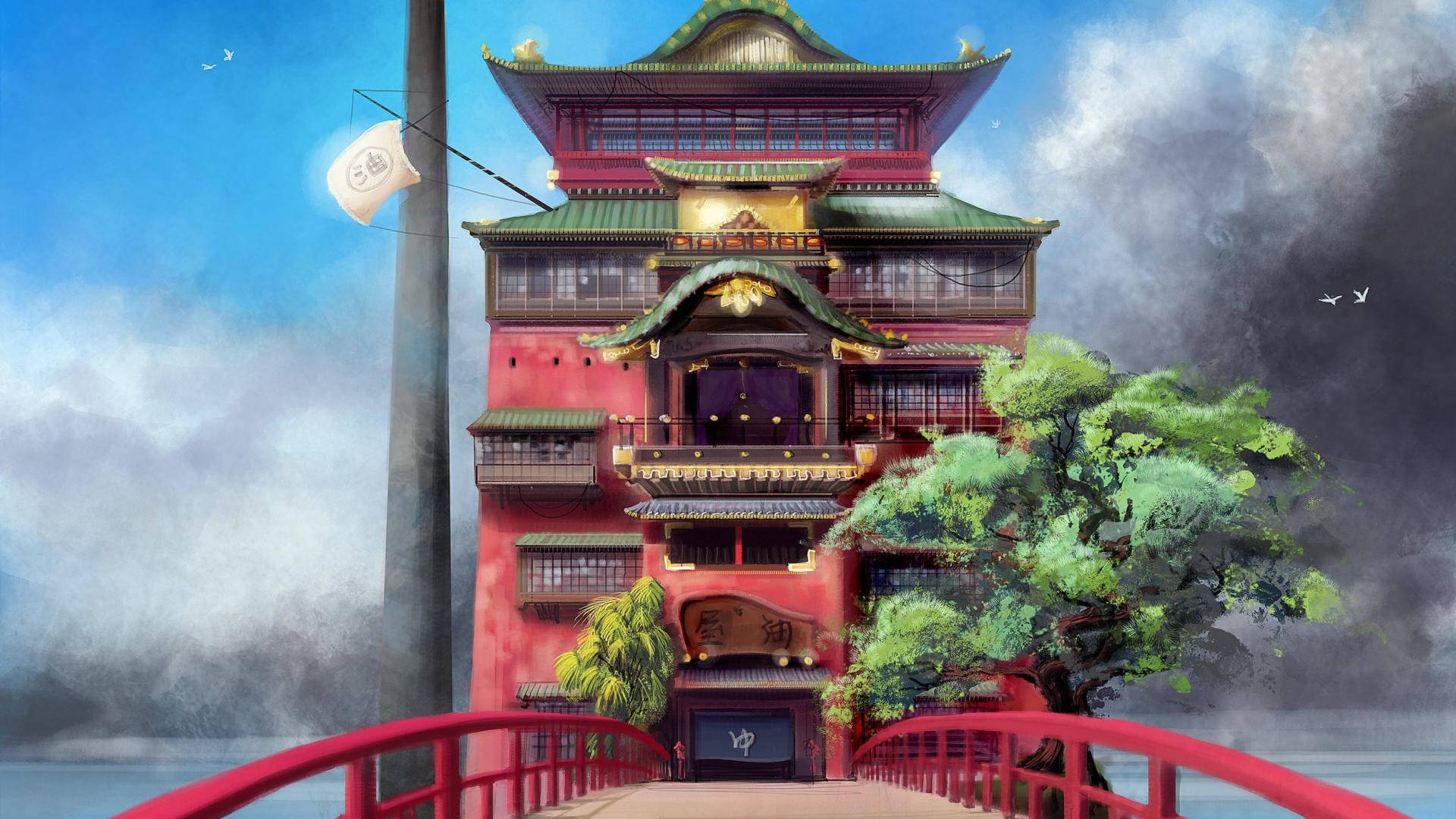 Spirited Away, bathhouse, red pagoda, Full HD Desktop Wallpaper