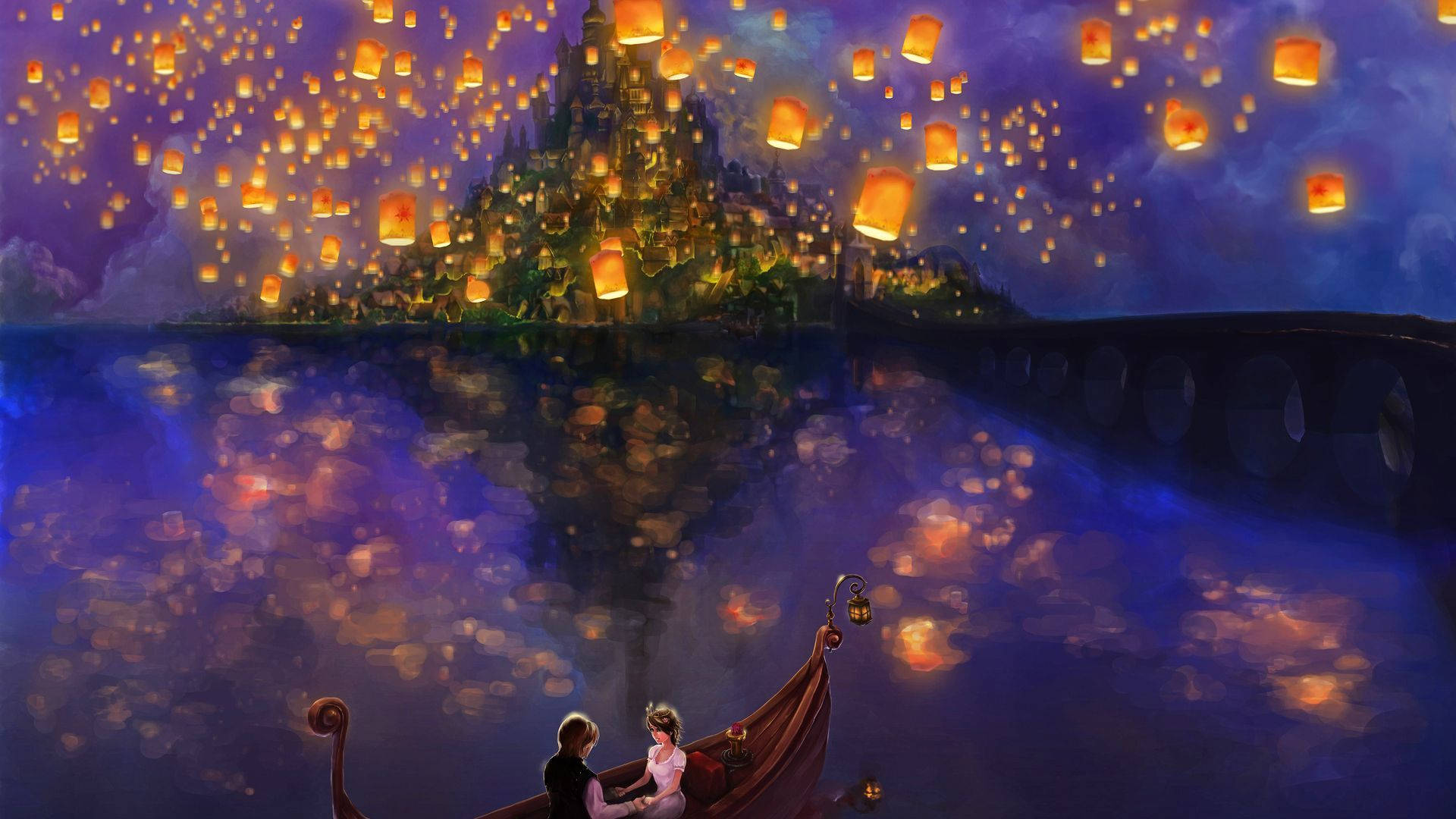 Spirited Away, castle floating above water, glowing lanterns, Full HD Desktop Wallpaper