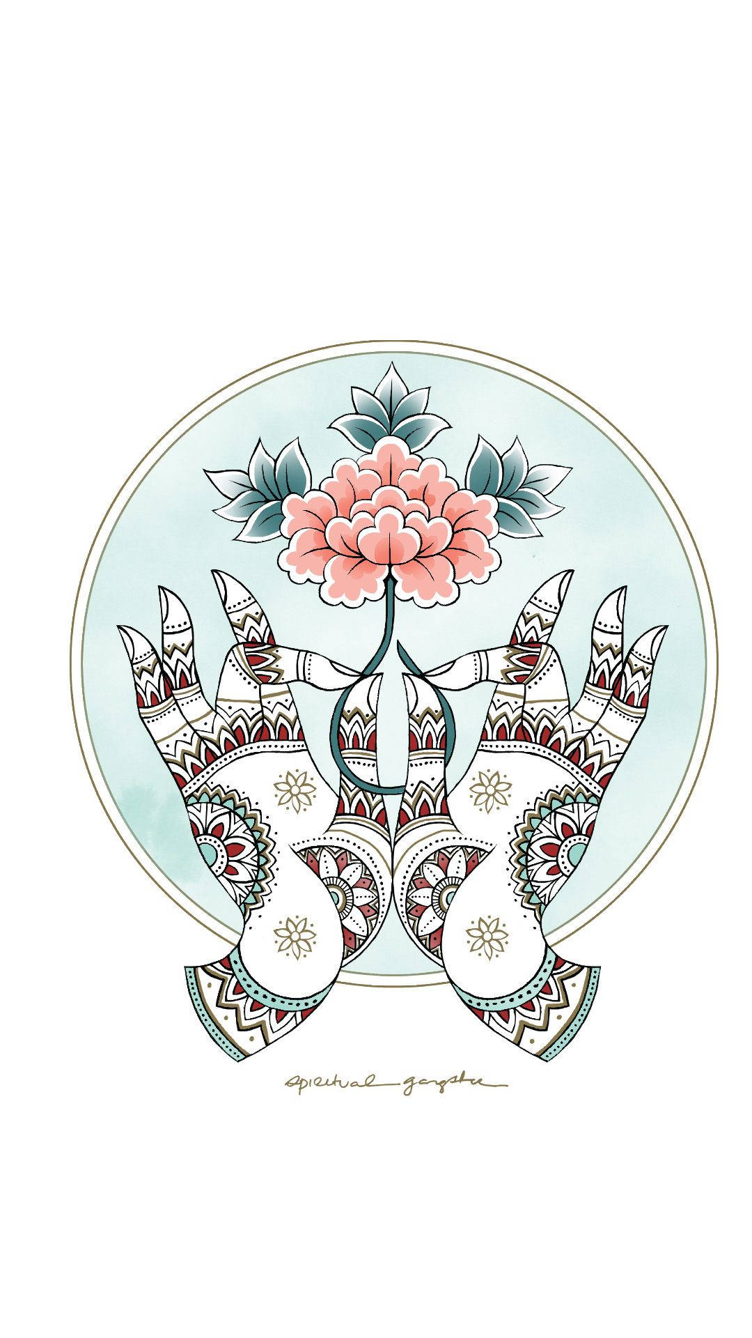 mudras, pink peony, circular frame, Full HD Phone Wallpaper