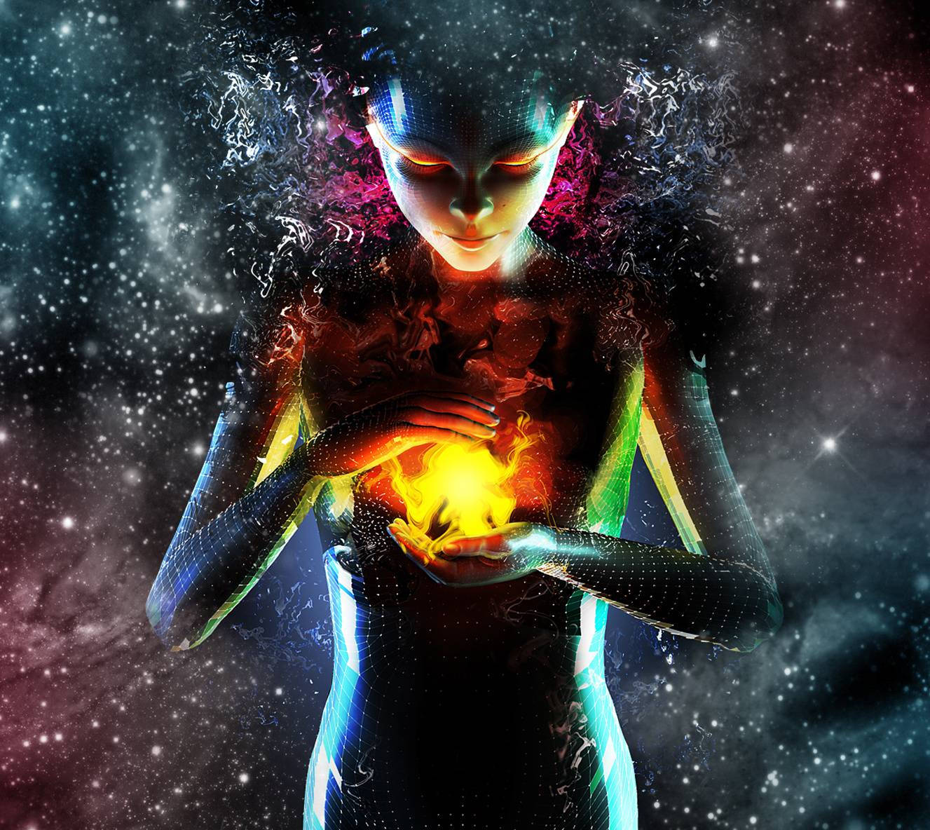 spiritual aesthetic, glowing alien woman, cybernetic features, HD Desktop Wallpaper