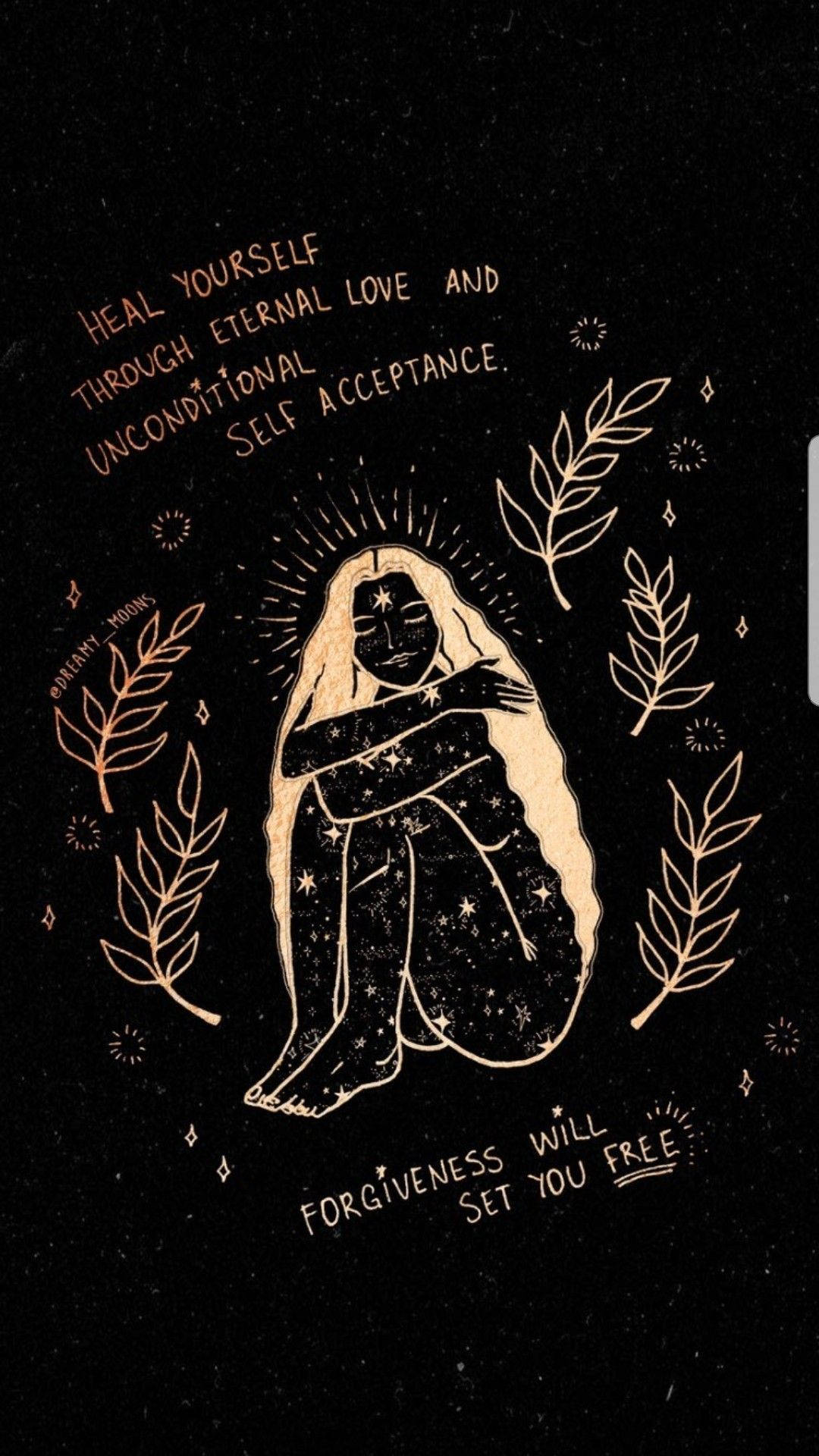healing spiritual aesthetic, golden illustrated figure, black background, Full HD Phone Wallpaper
