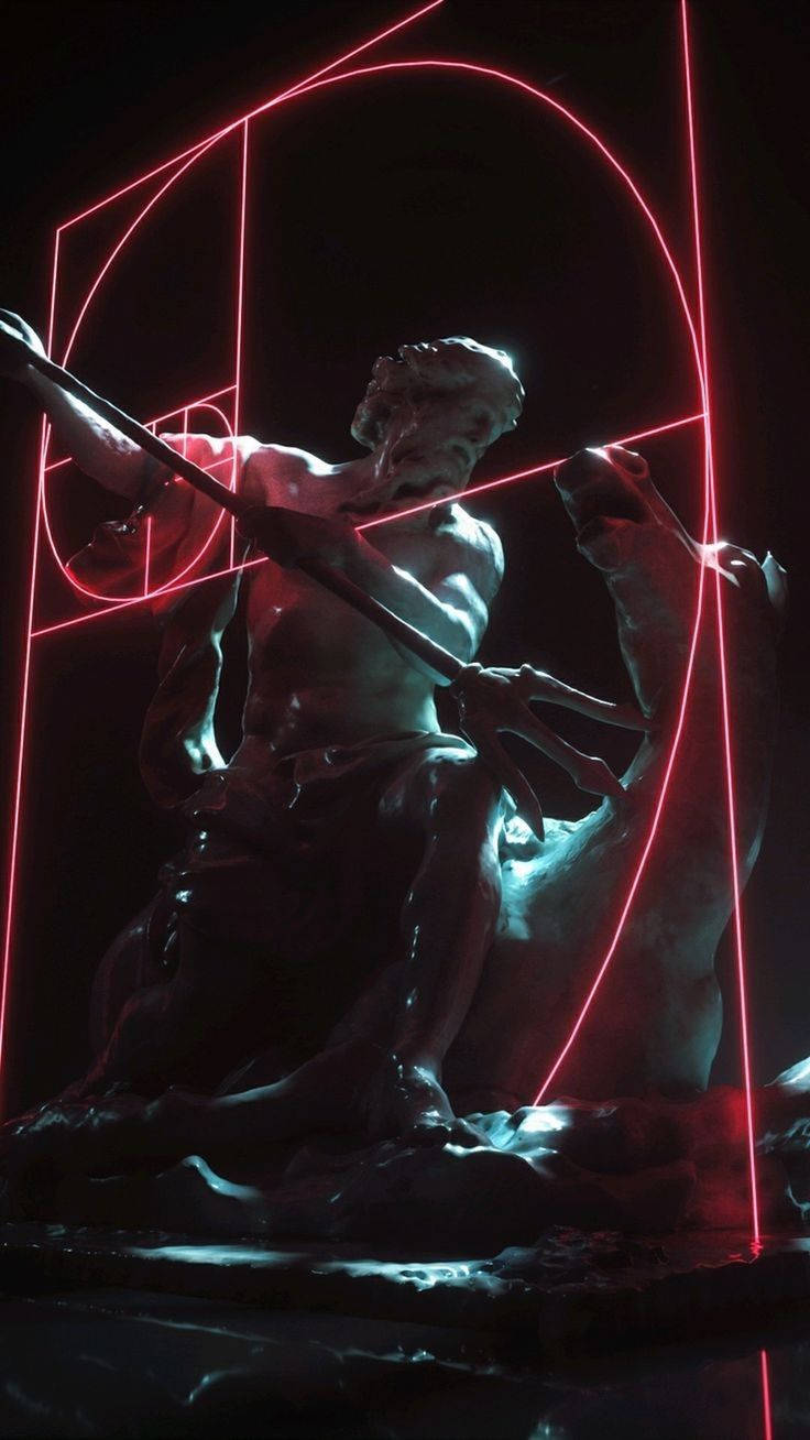 glowing red geometric laser grid, dark marble statue, bearded figure, HD Phone Wallpaper