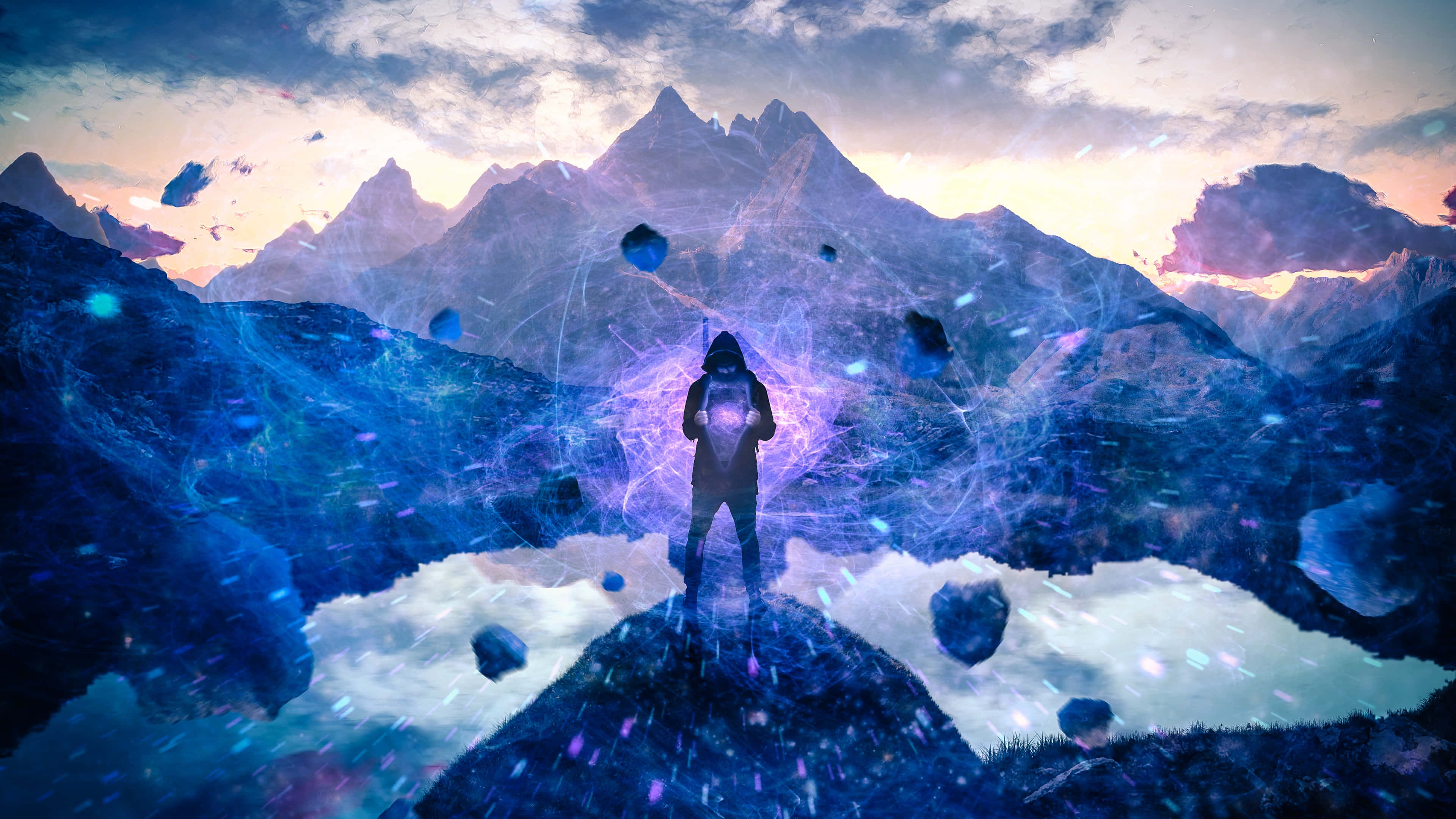 hooded figure, mountain peak, floating rocks, 4K Desktop Wallpaper