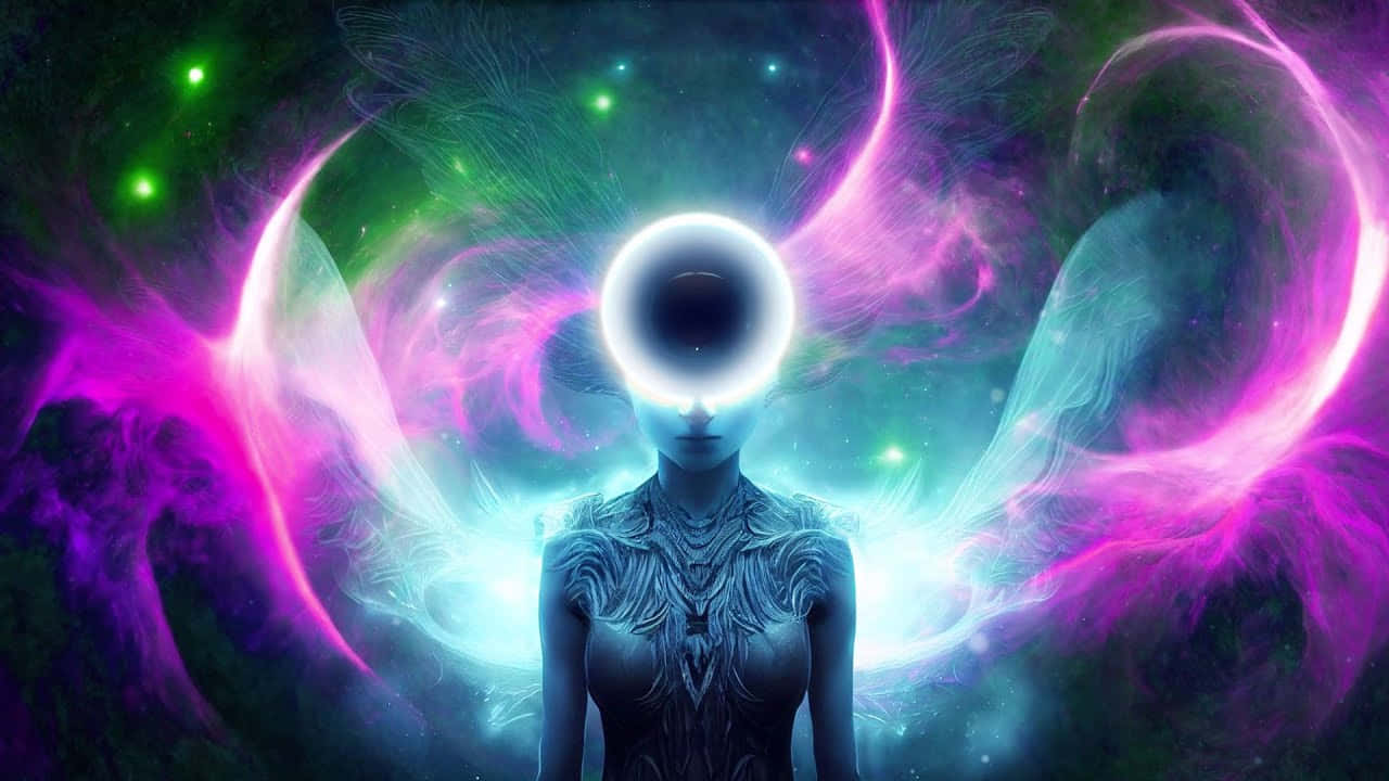 glowing humanoid figure, radiant halo, swirling cosmic nebulae, HD Desktop Wallpaper