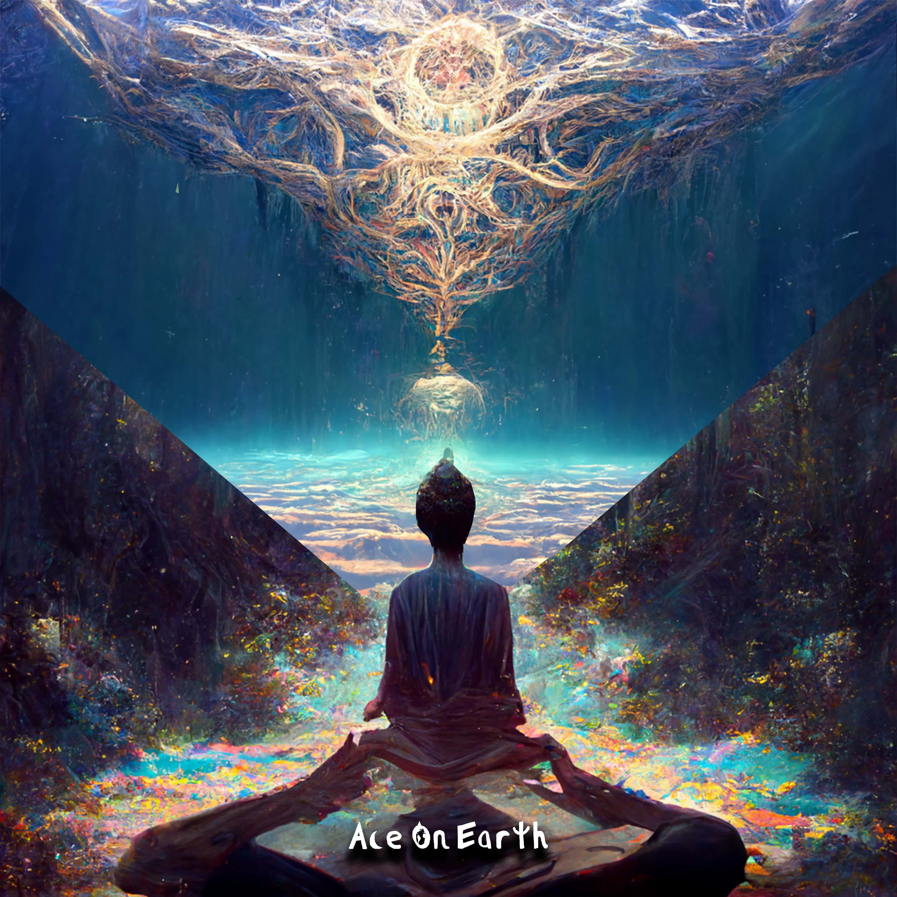 spiritual awakening, meditating figure, mystical underwater cavern, 2K Desktop Wallpaper