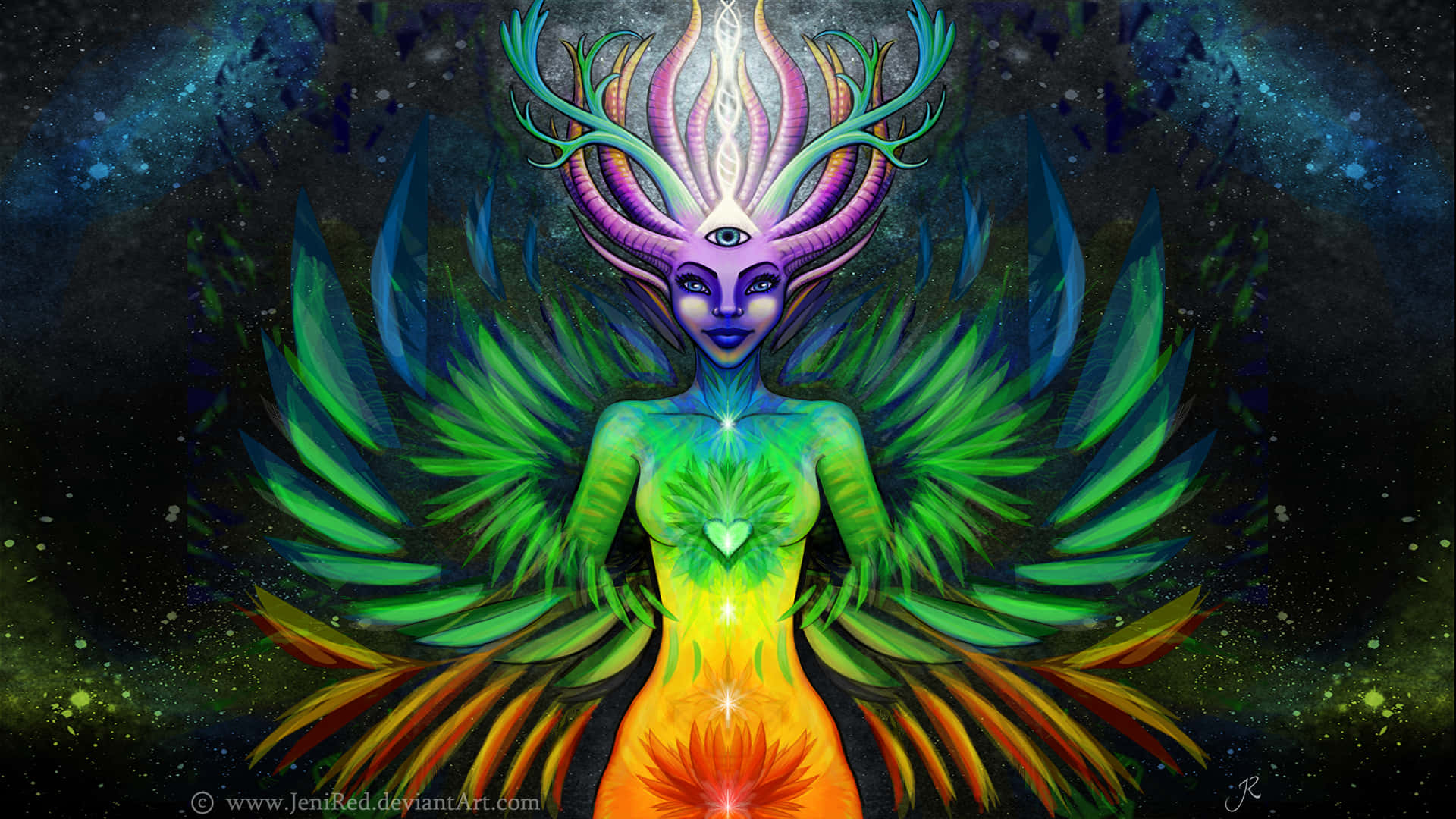 cosmic goddess, glowing green wings, rainbow body, Full HD Desktop Wallpaper