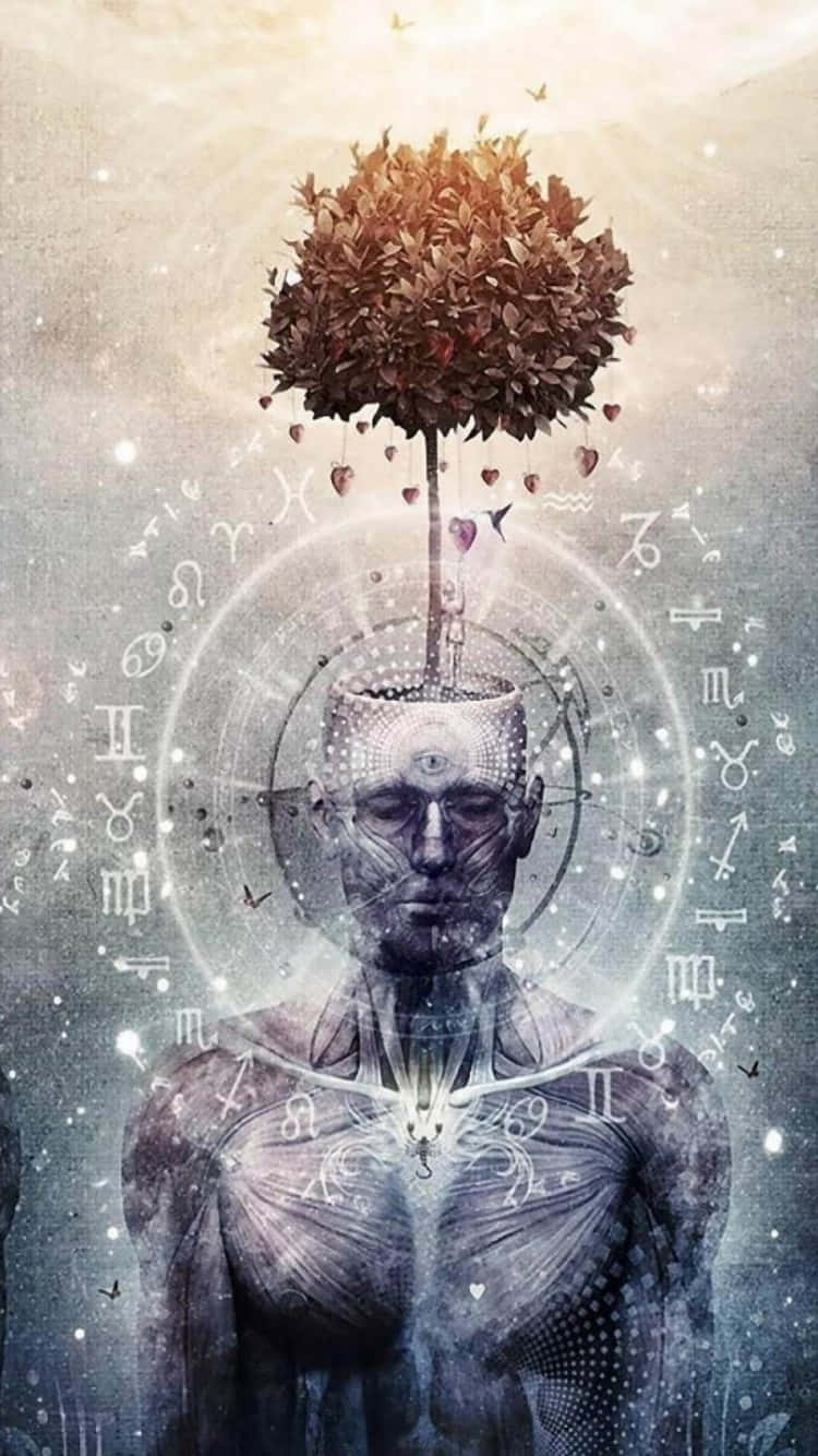 tree growing from its head, clock on his head, zodiac symbols, HD Phone Wallpaper
