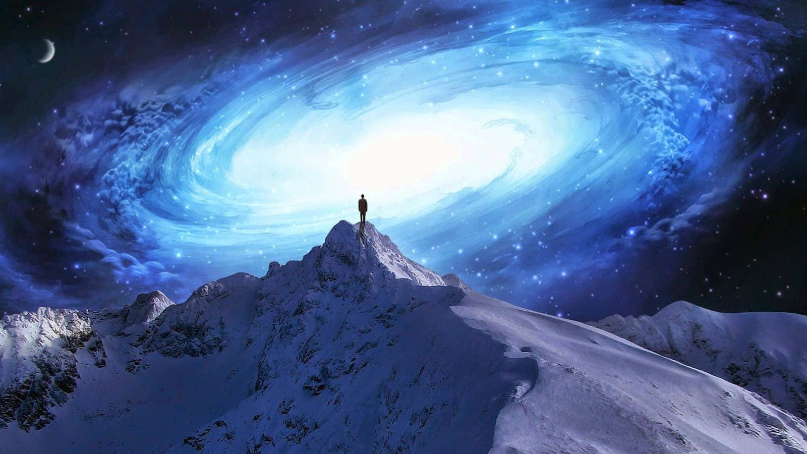spiritual awakening, snow-covered mountain peak, swirling blue galaxy, HD Desktop Wallpaper