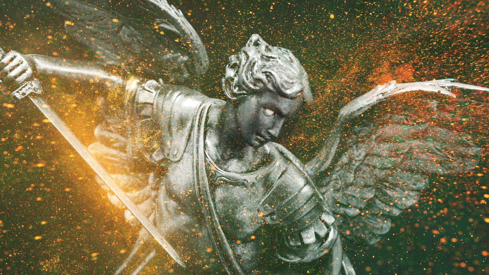 angel, sword, glowing golden particles, Full HD Desktop Wallpaper
