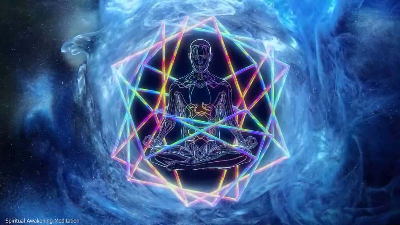 lotus position, rainbow colored background, glowing geometric figure, HD Desktop Wallpaper