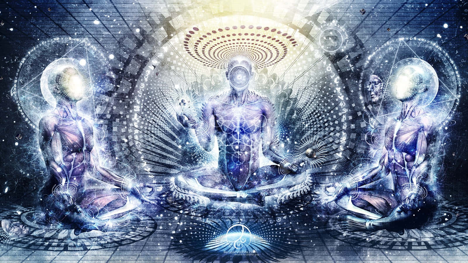 spiritual awakening, cosmic digital temple, glowing humanoid figures, HD Desktop Wallpaper