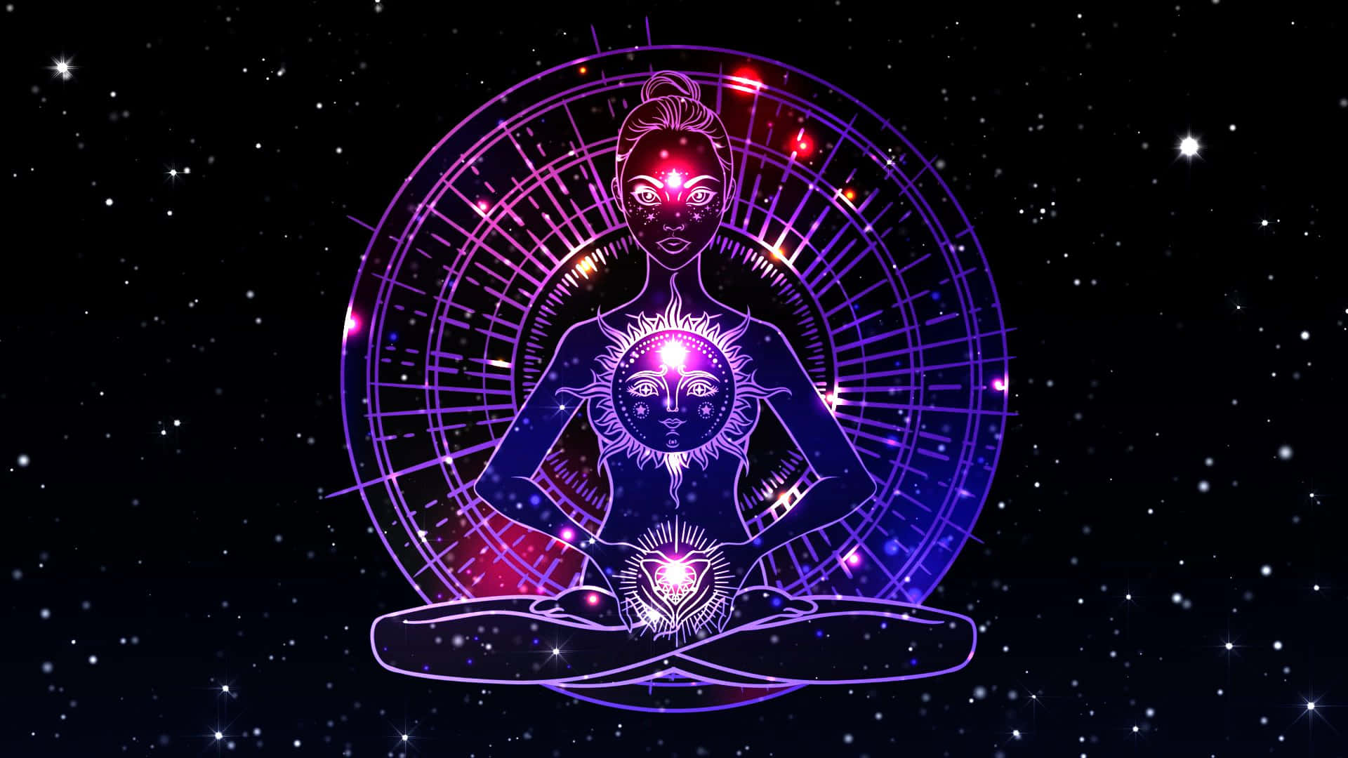 lotus position, starry background, glowing purple and pink cosmic figure, Full HD Desktop Wallpaper