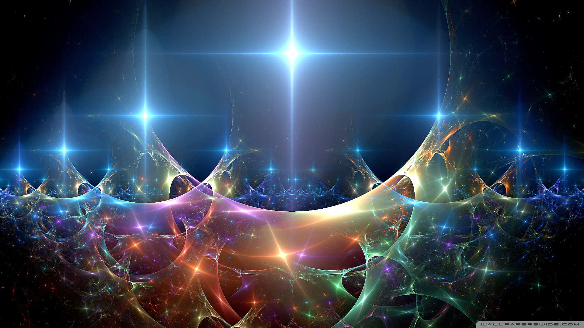 cosmic fractal nebula, glowing blue stars, swirling rainbow tendrils, Full HD Desktop Wallpaper