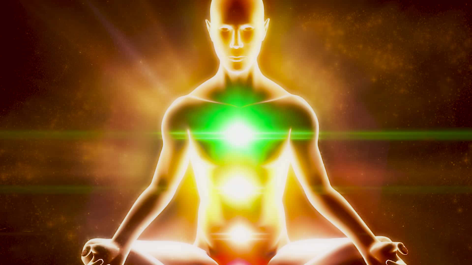lotus position, glowing humanoid figure, radiant green and yellow energy, Full HD Desktop Wallpaper