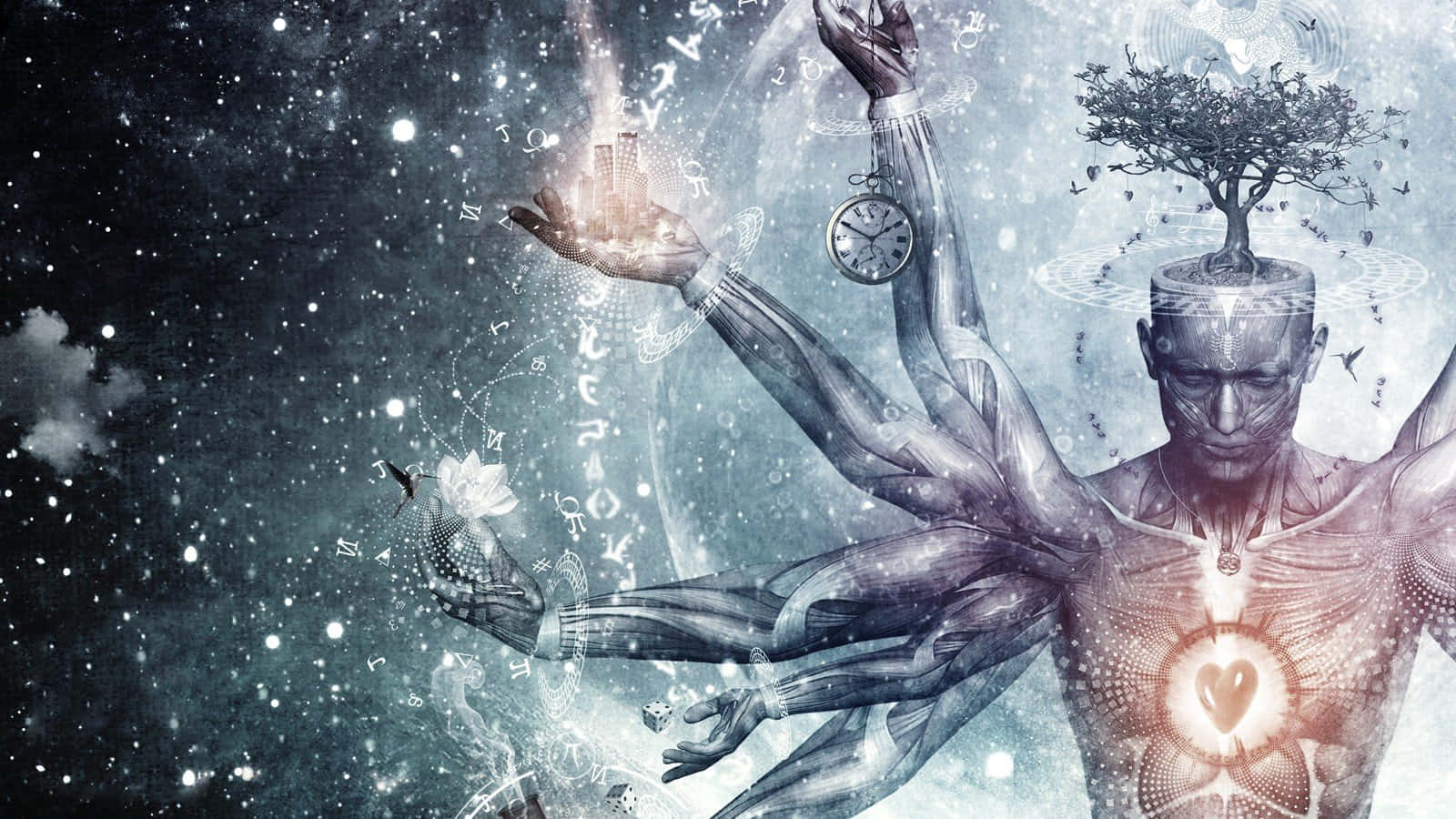 spiritual meditation, surreal digital-art figure, multiple arms, HD Desktop Wallpaper