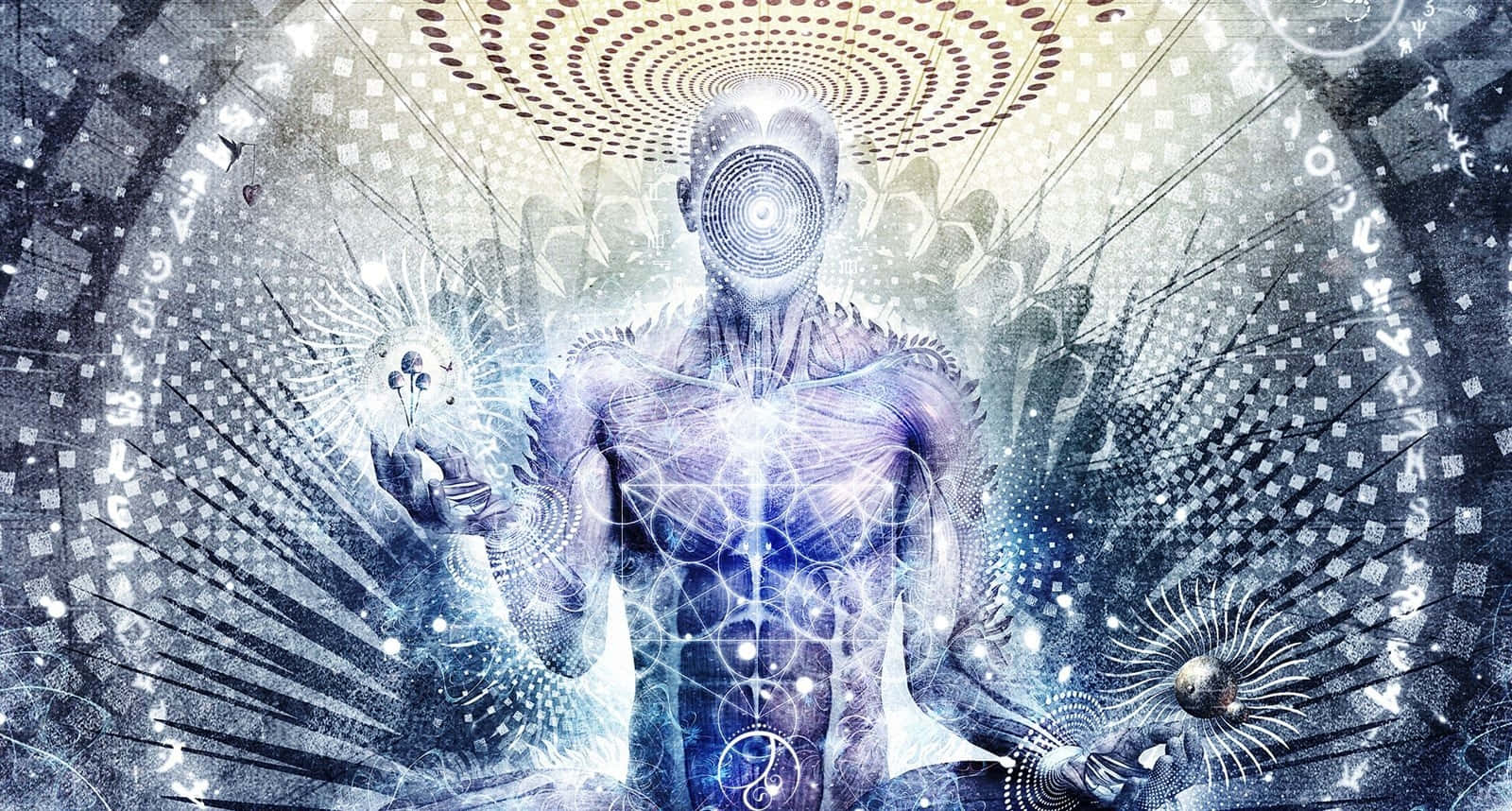 spiritual meditation, glowing humanoid figure, spiral eye, HD Desktop Wallpaper