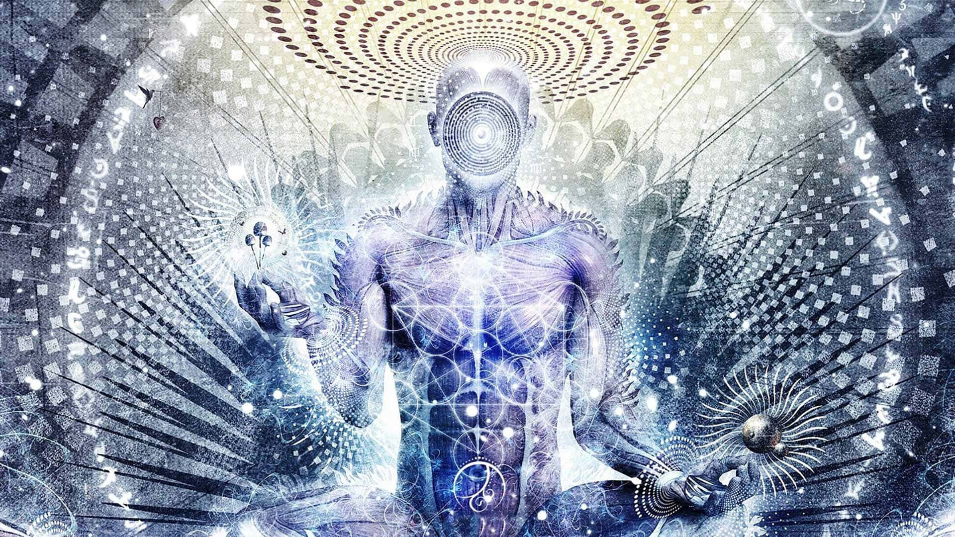 spiritual desktop, glowing humanoid figure, spiral eye, Full HD Desktop Wallpaper