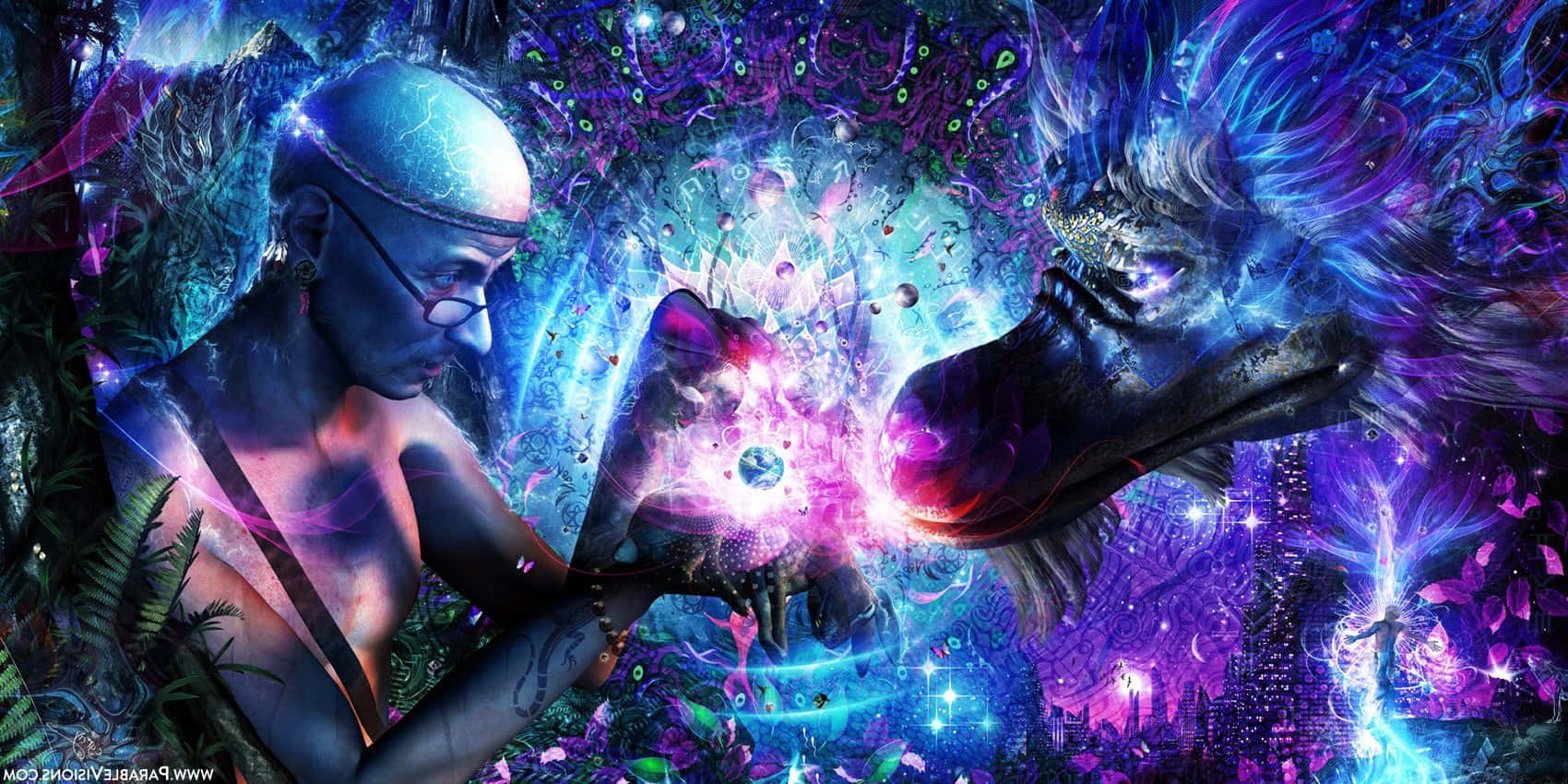 spiritual desktop, neon purple blue, pink energy particles, HD Desktop Wallpaper