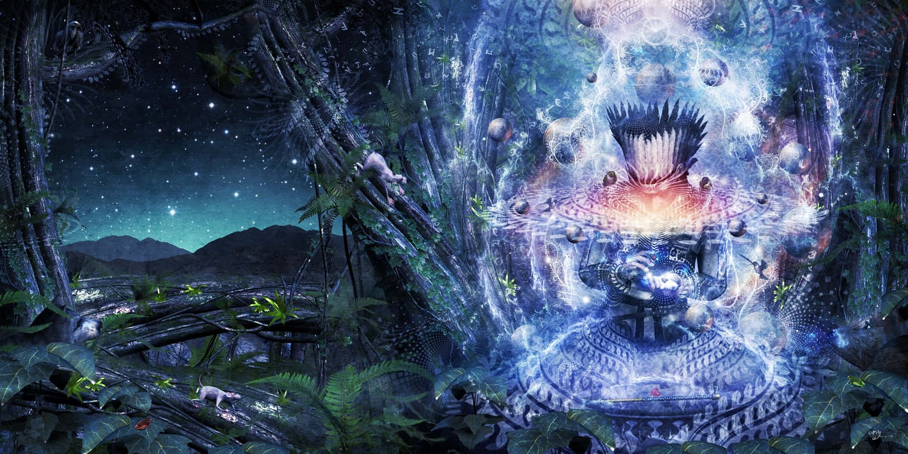 Spiritual Desktop, glowing mystical artifact, starlit jungle, HD Desktop Wallpaper