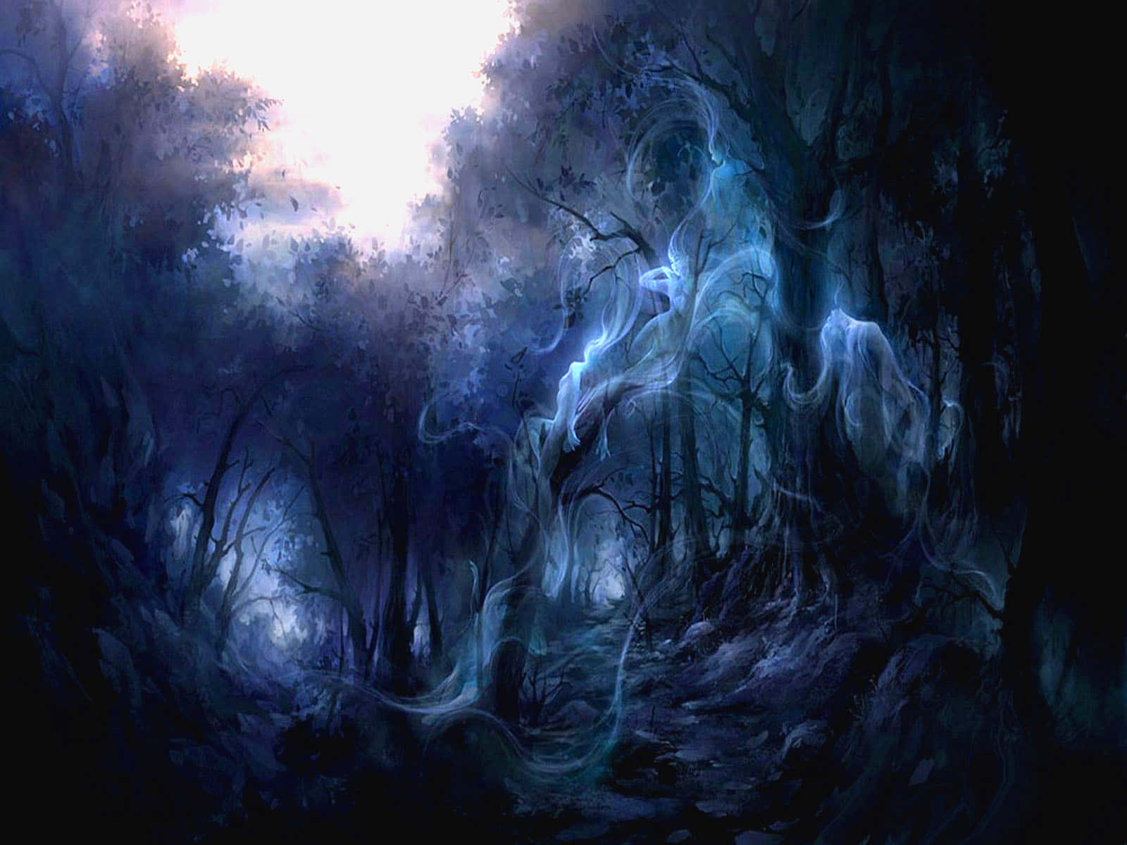 spiritual desktop, misty blue spirits, dark enchanted forest, HD Desktop Wallpaper